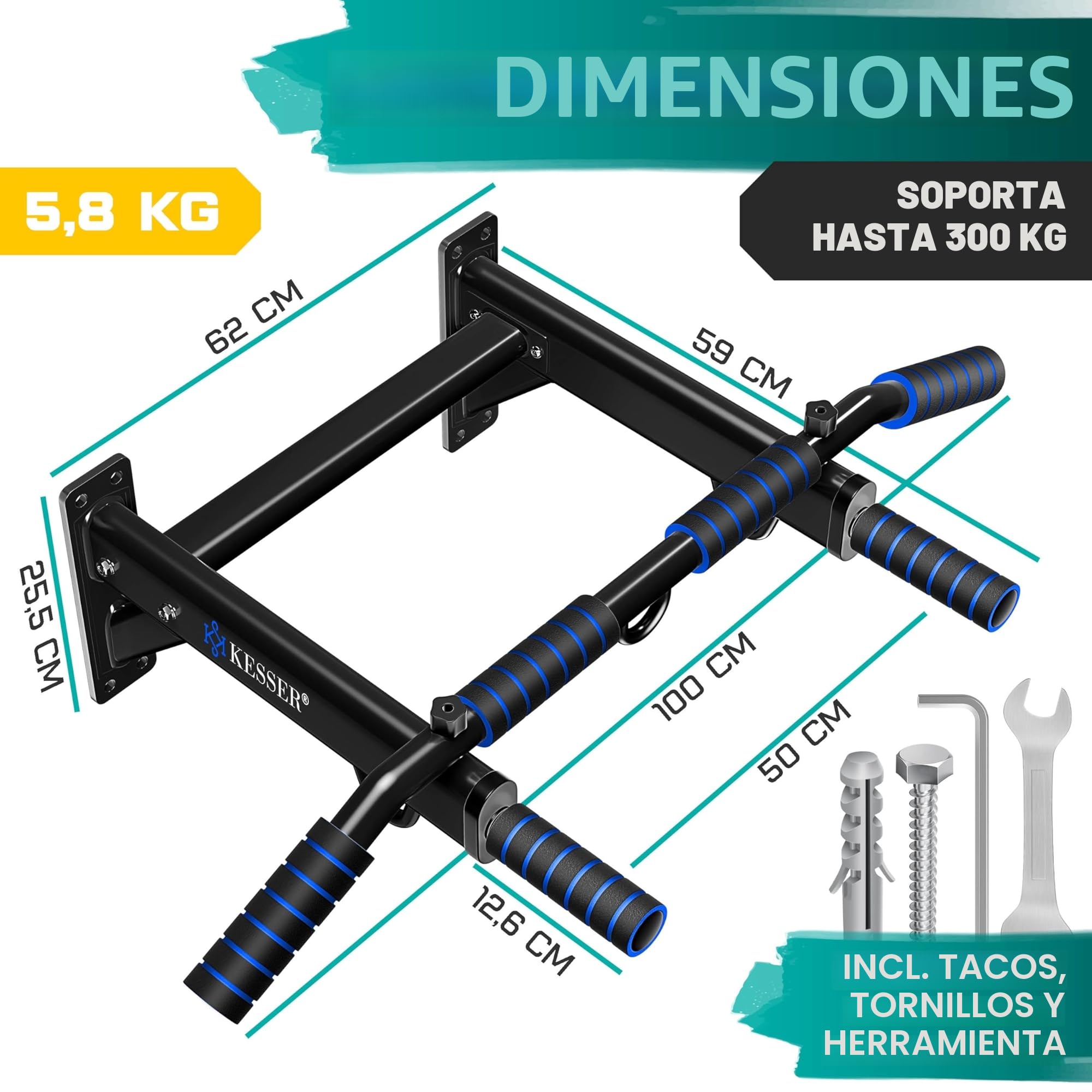 KESSER® Barra de dominadas 4 en 1 para montaje en la pared, asas antideslizantes, función adicional para anillos de cuerdas y sacos de boxeo | seguro y estable | Barra de dominadas para el hogar