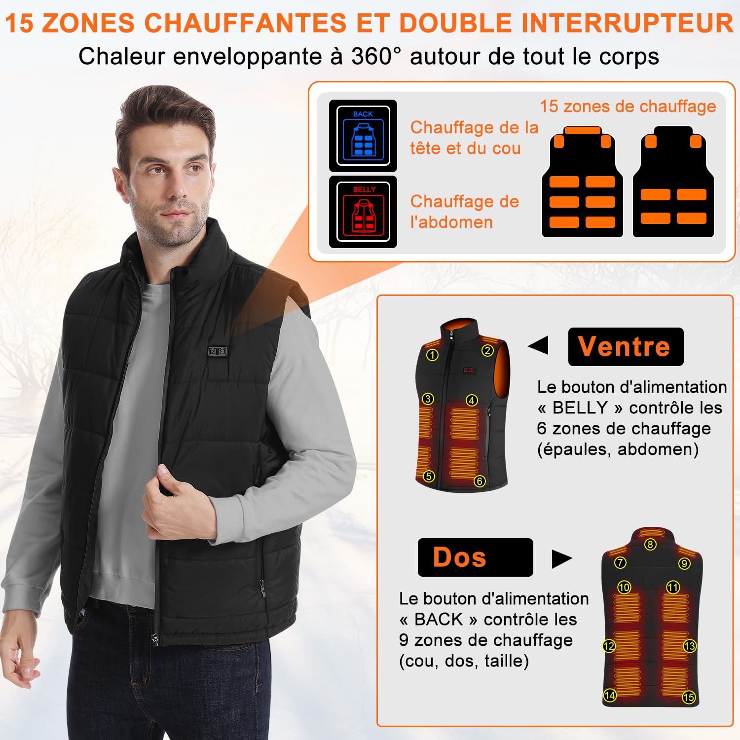 Gilet Chauffant Homme, Veste Chauffante avec 15 Zones, Gilet Chauffant Homme Électrique avec Batterie USB 10000mAh, Doudoune Chauffante pour Moto Pêche Chasse Camping