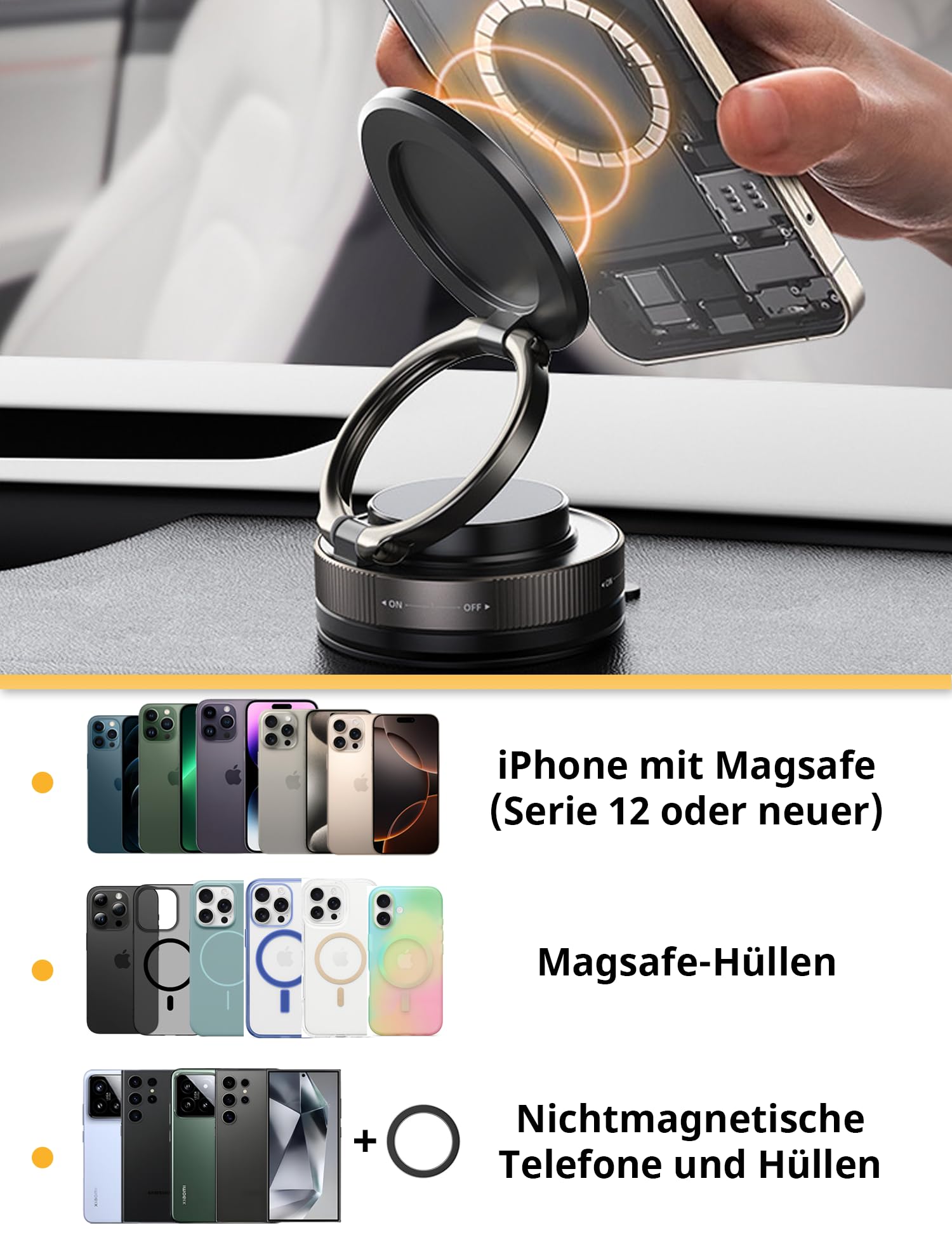 Portacellulare Auto Vuoto,Rotazione 360°, Magnet N55 Per Magsafe iPhone 16/15/14/13/12, Adatto Per Strade Dissestate E Dossi