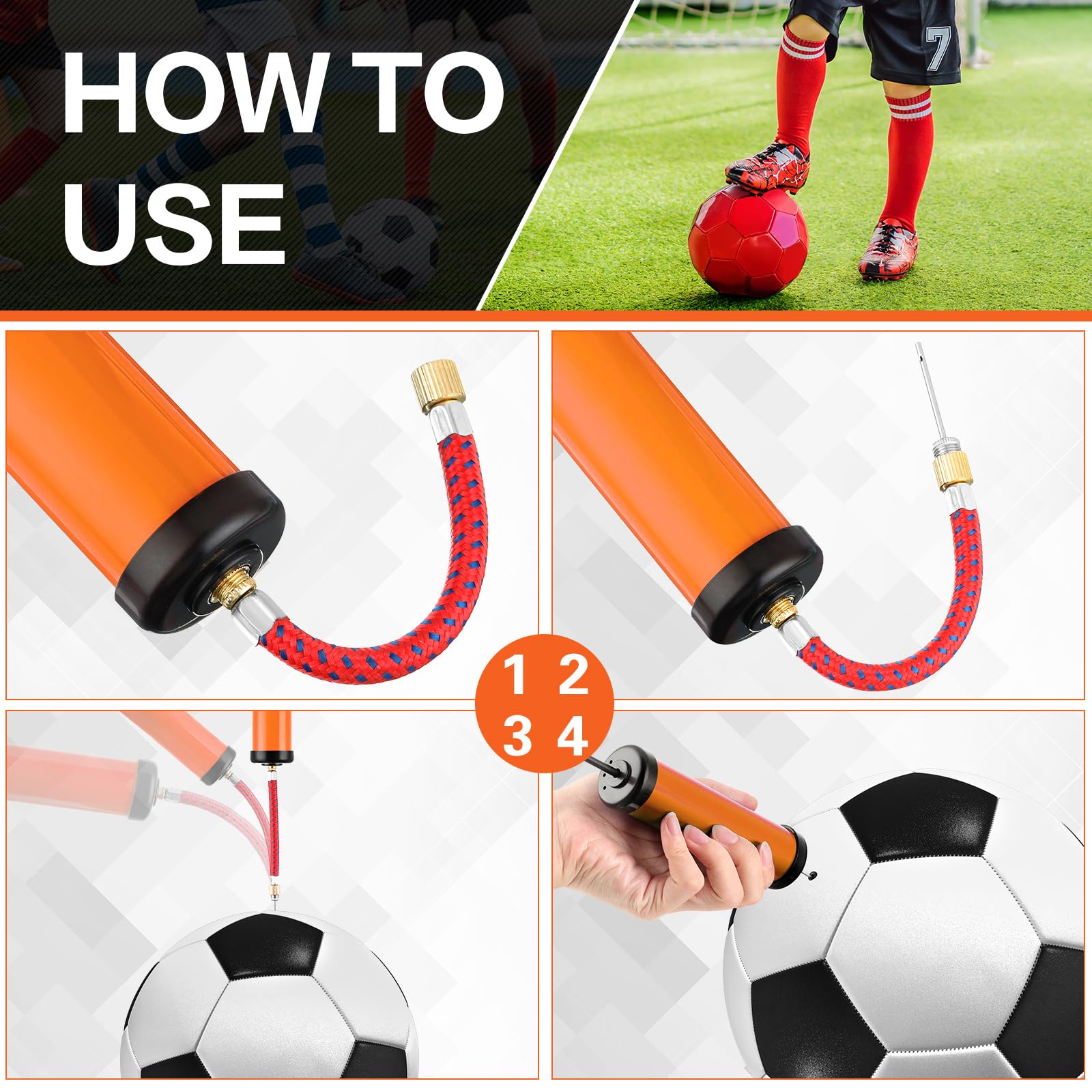 10 bombas de bolas para pelotas deportivas con aguja y manguera de extensión a granel para baloncesto, fútbol, voleibol (naranja, estilo hueco) 4