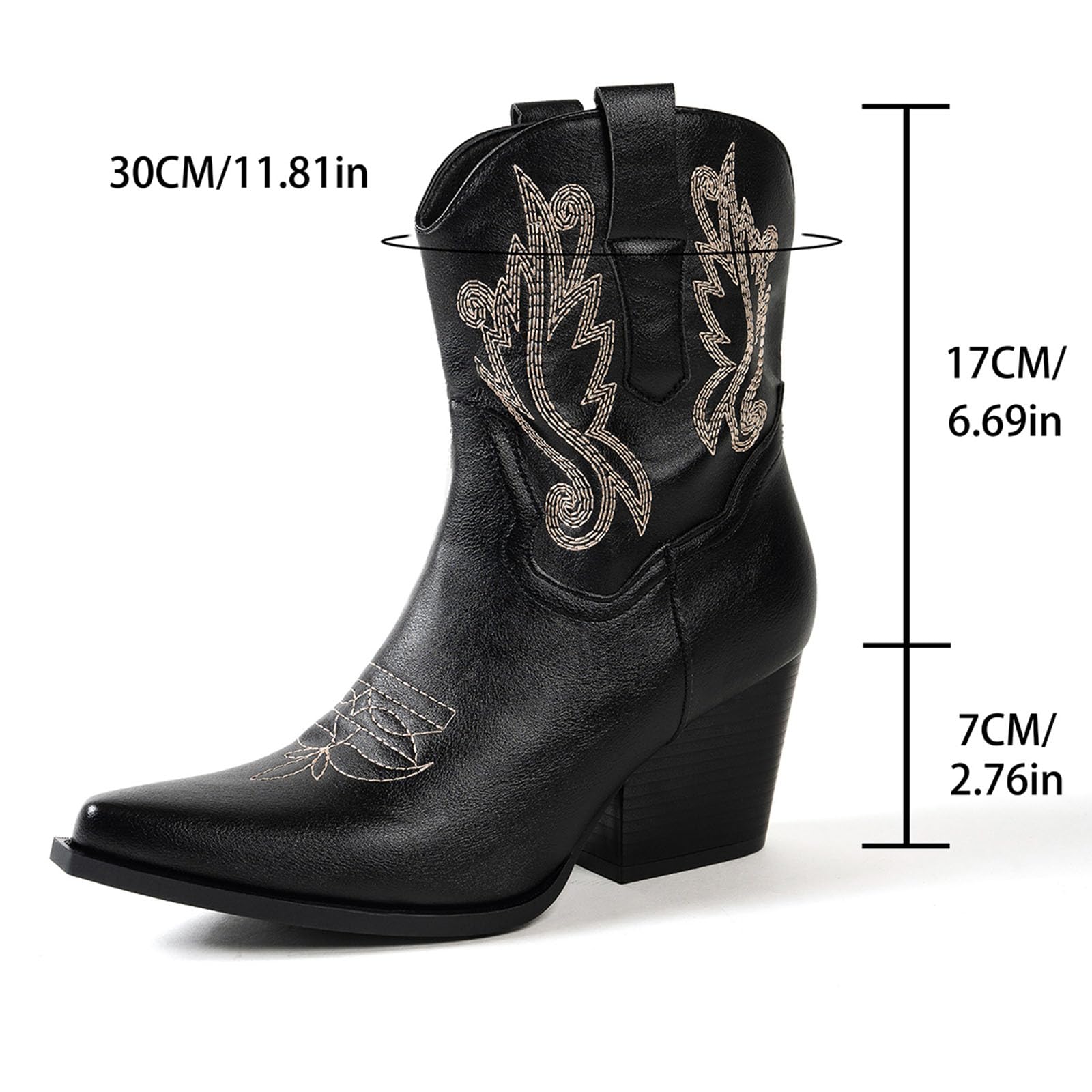 Botas de verano de vaquero para mujer, con tacón de bloque, punta puntiaguda, diseño retro bordado, cremallera lateral y caña media