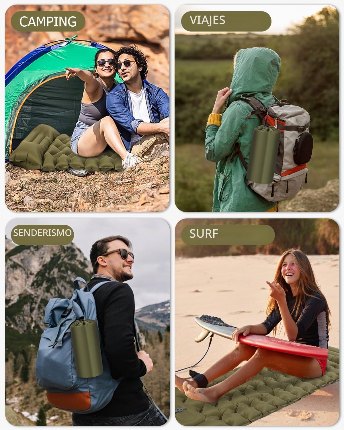 Colchón Autoinflable para Camping,Colchón Camping Ultraligero Inflable con Almohada Esterilla Portátil Inflable para Acampada de Acampada para Senderismo Mochilero Vacaciones Playa Verde