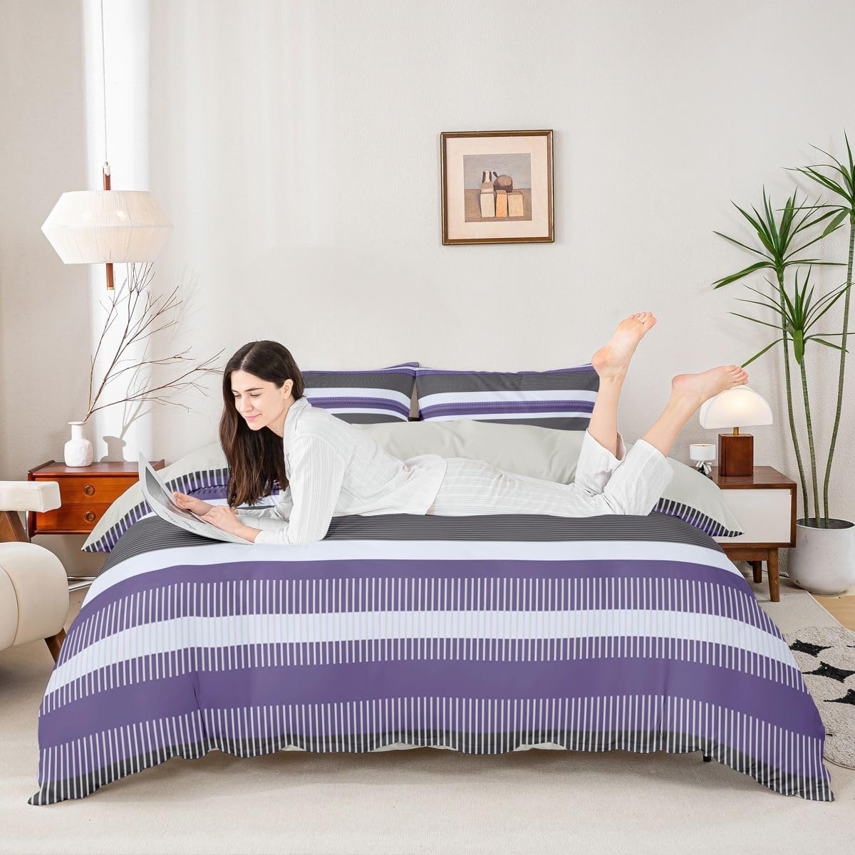 Erosebridal Stripes Bedding Set Full Size, Purple Black Patchwork Striped Duvet Cover Ombre Geometric Lines Quilt Cover Modern Abstract Art Vibrant Comforter Cover 3 Pieces with 2 Pillow Cases