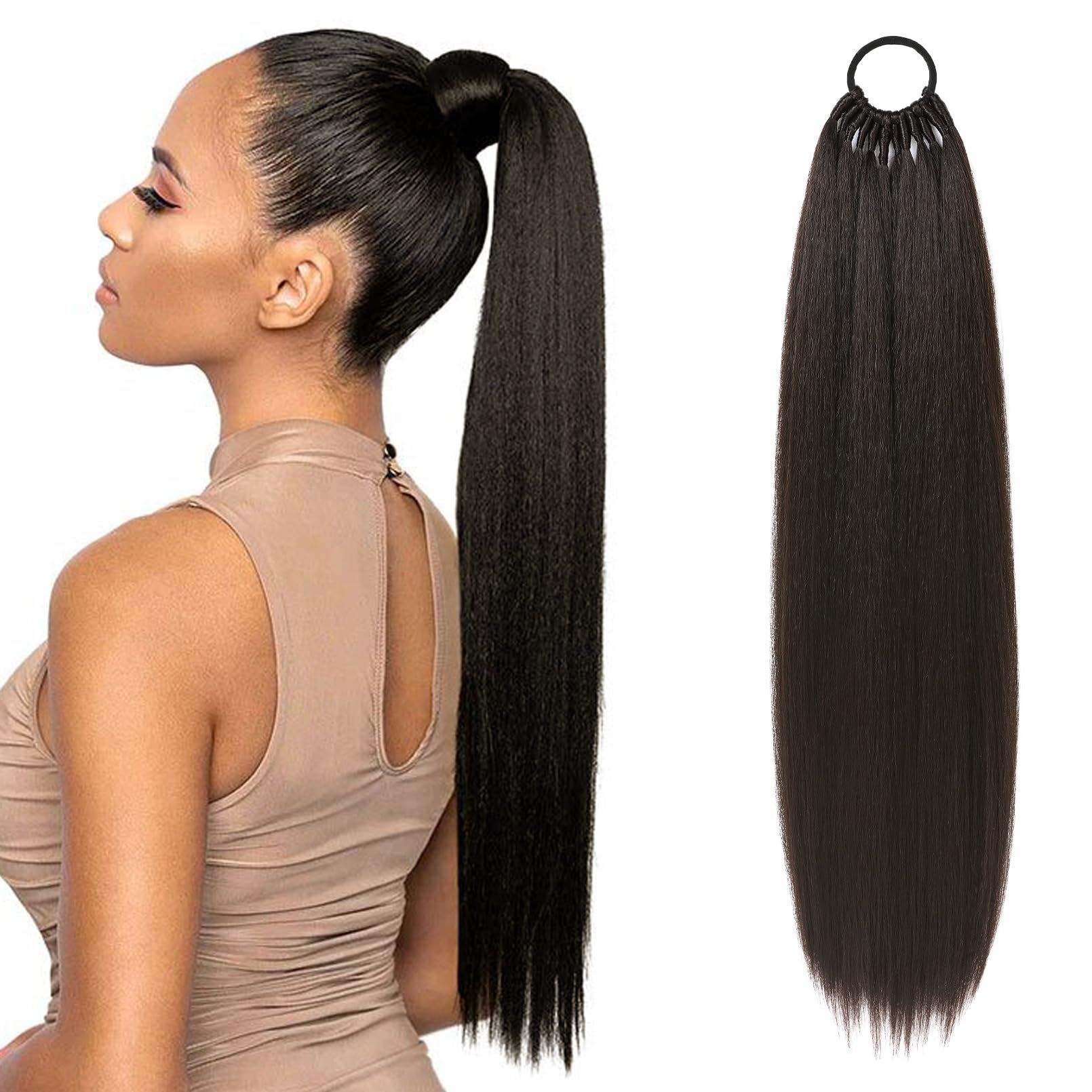 Flufymooz 28 Inch Ponytail Extension, Elastic Band Ponytail Extension for Women Long Straight Synthetic Ponytail Daily Hair Black Brown