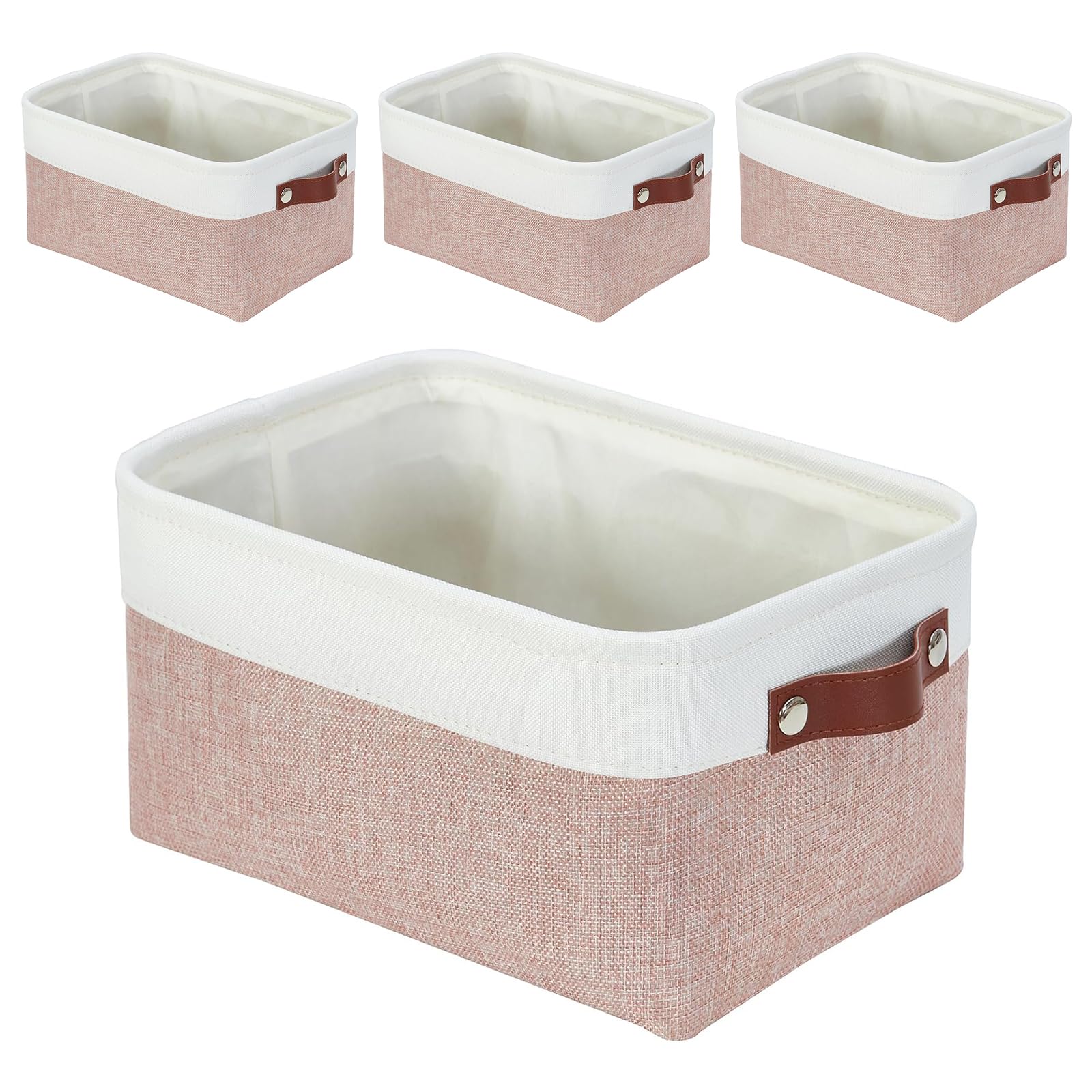 Mangata Rectangular Fabric Storage Boxes, Multi-Size, Material Container Baskets for Shelf, Wardrobe, Toys and Clothes, 41x31x18 cm, Pink and White(Large, 4 Pack)