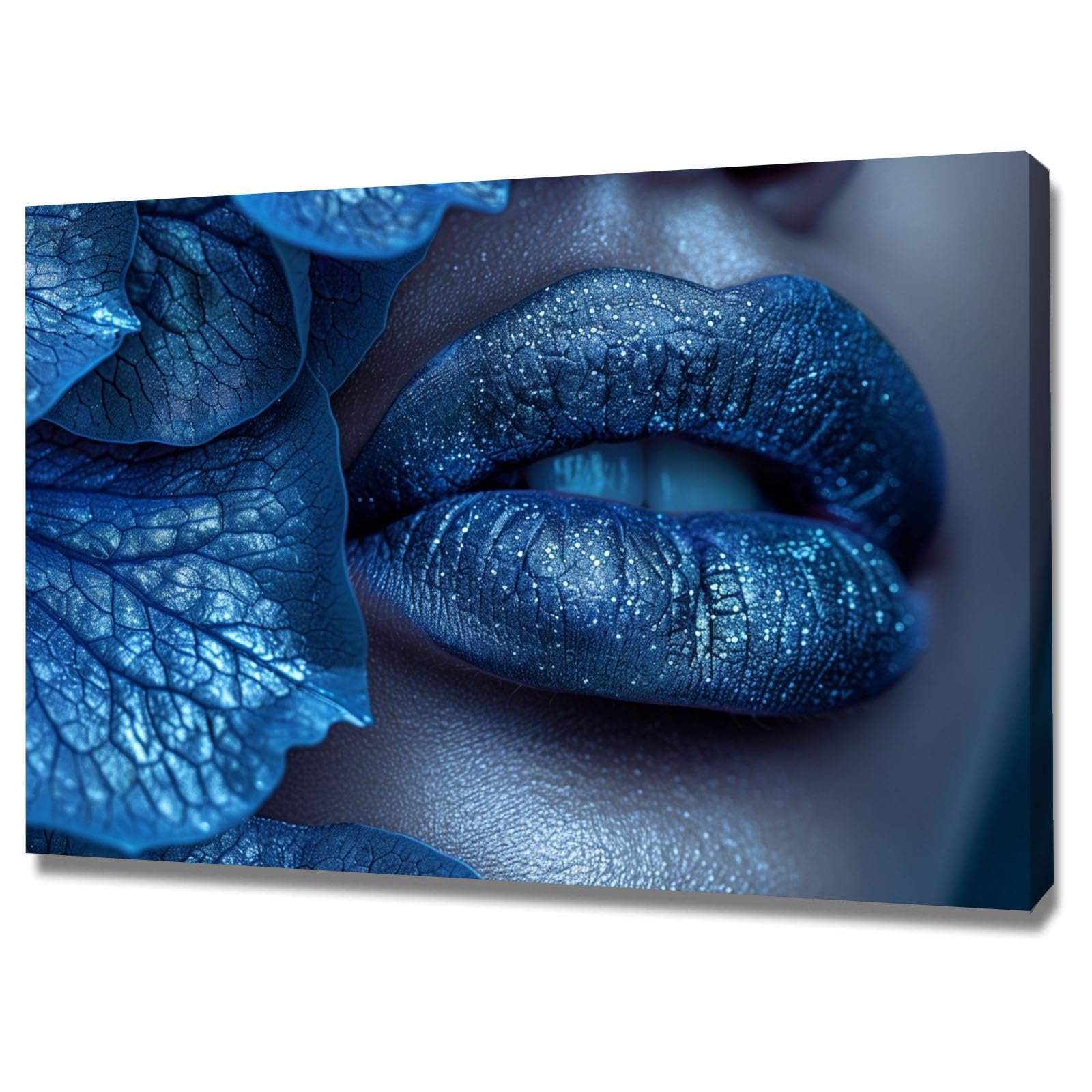 TERUEA Abstract Girl Painting Prints Woman Canvas Pictures Close Up Of Blue Glitter Lips With Leaves Retro Painting Bathroom Wall Decor,(Blue)-70x100cm Framed