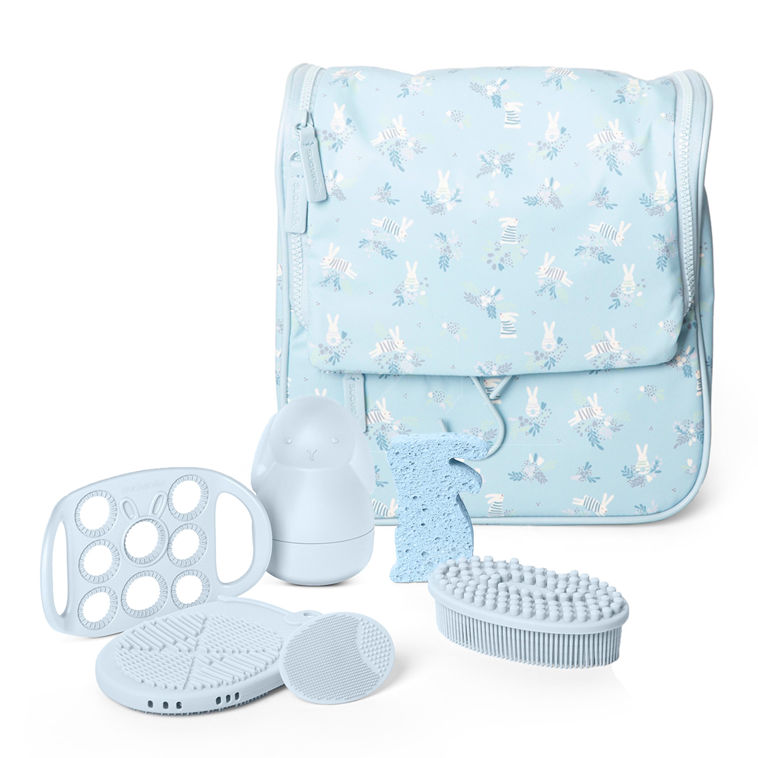 Suavinex, Kit Baño Bebé con Neceser, Set Higiene Recién Nacido, Azul | Con: Esponja + Cepillos + Guante Baño + Pompero + Juguete. Con Bolsillos, Cremalleras, Espejo y Colgador, Gran Capacidad