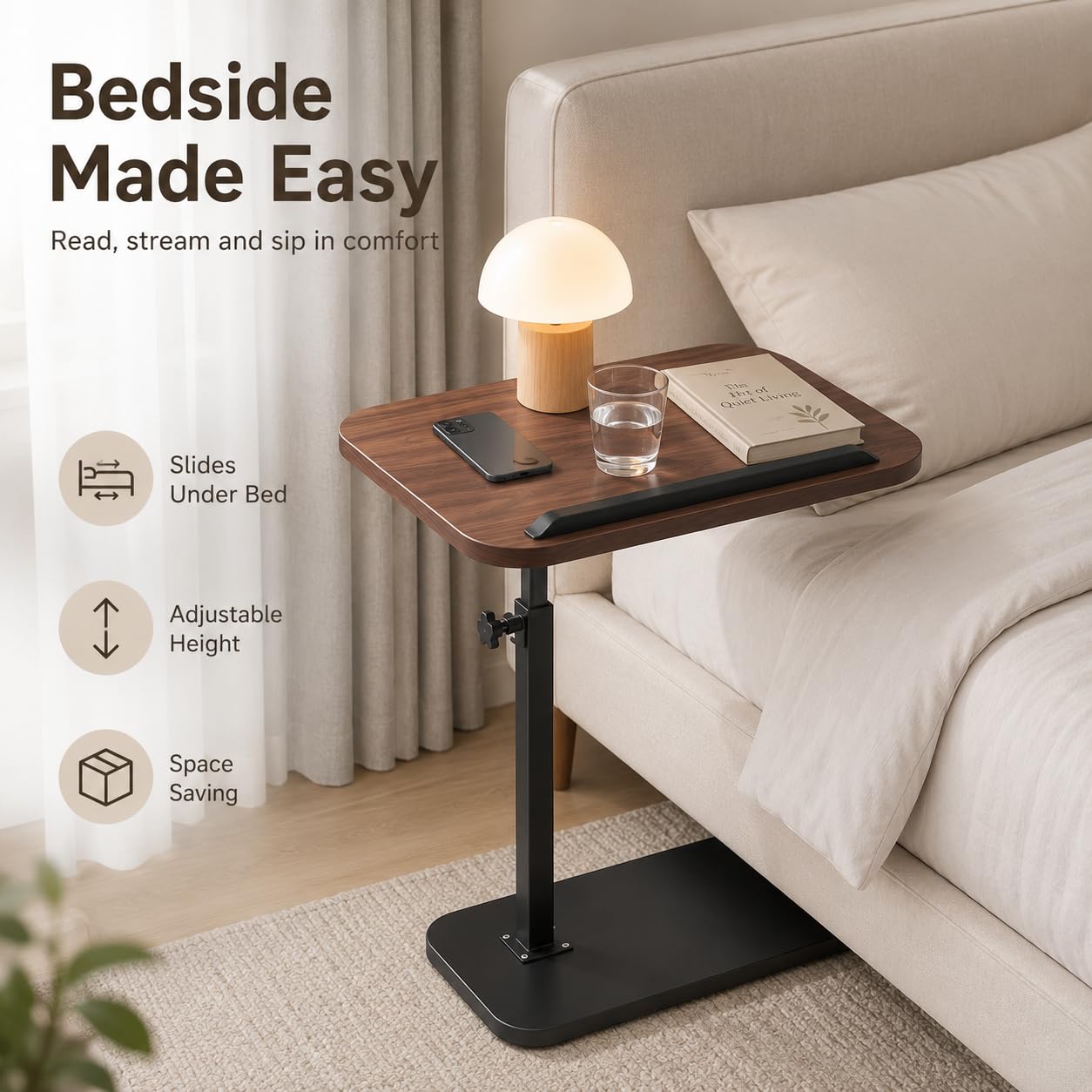 Tavolini a Forma Di C, Tavolino Salotto Moderno Regolabile in Altezza, Girevole a 360° Comodino, Con Slot per Telefono e Tablet per Divano, Letto, Soggiorno (Noce)