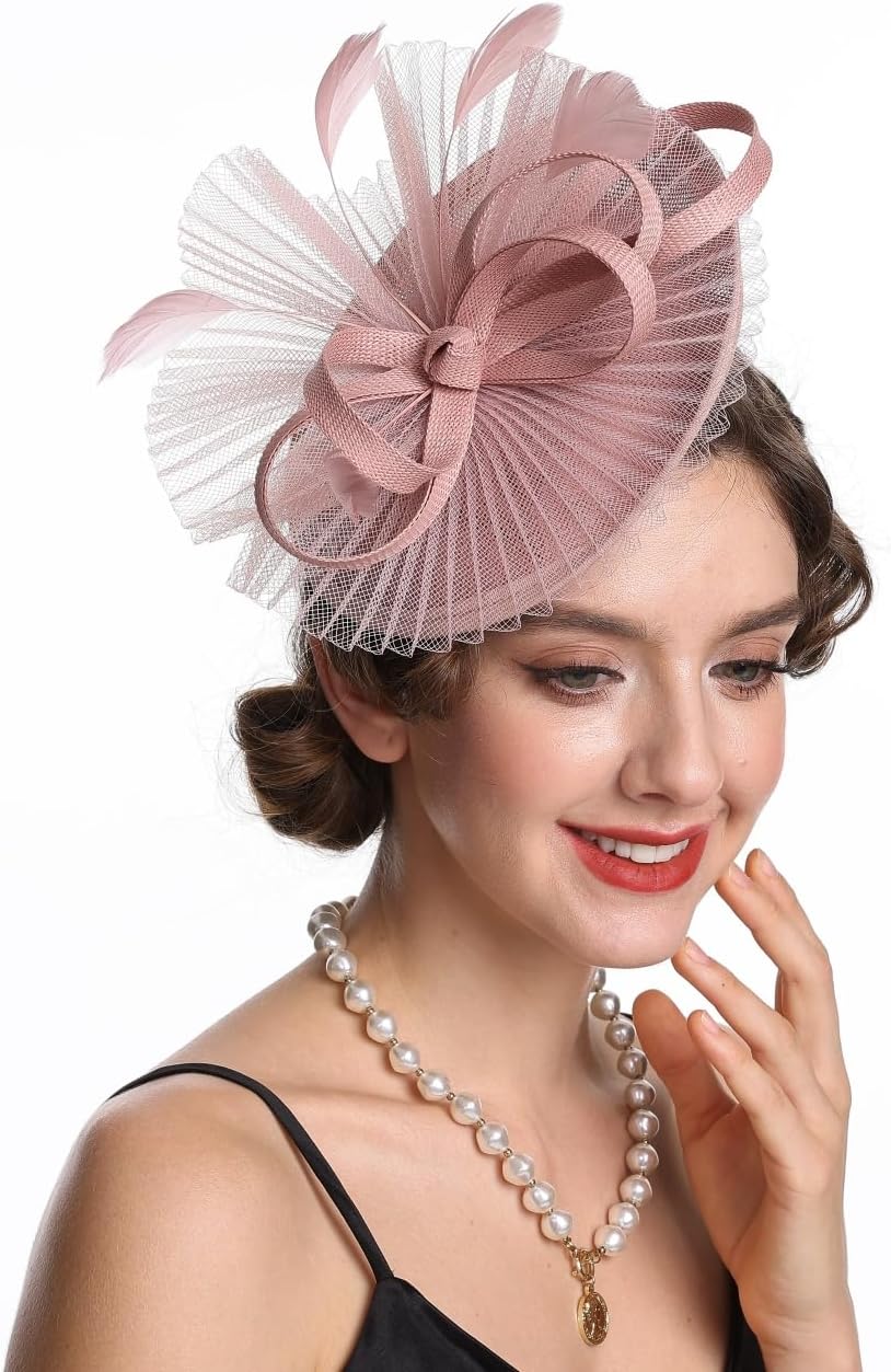 SAFERIN Fascinator for Women Hair Clip Hat Bowler Feather Flower Veil Wedding Party Tea Hat - Image 4