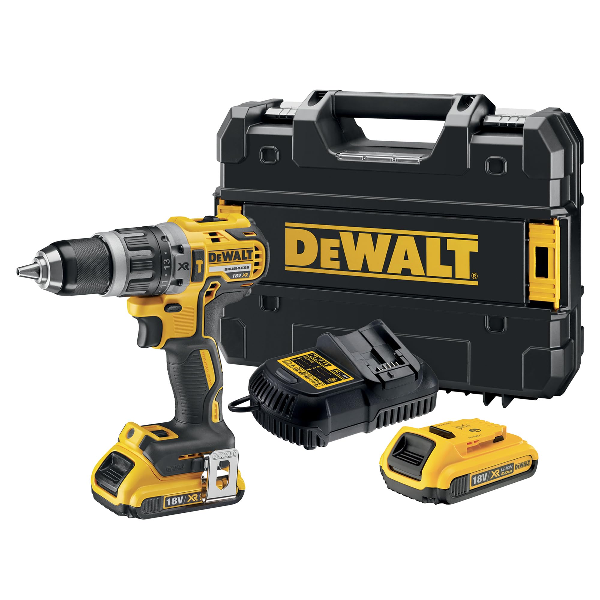 DEWALT Taladro atornillador percutor con motor Brushless XR incluye 2 Baterias de Litio 18V 2,​0Ah,​un cargador multivoltaje y un maletin TSTAK, DCD796D2-​QW