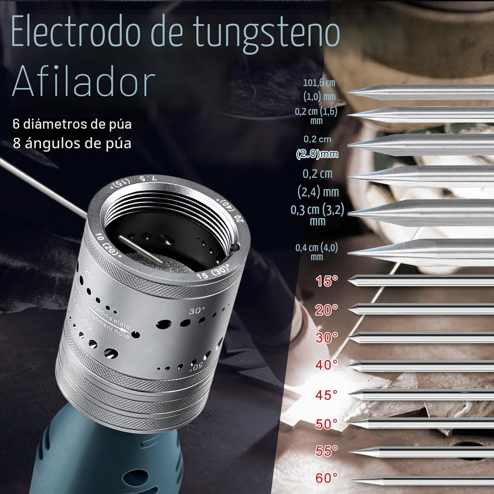 Afilador de electrodos de tungsteno para soldadura TIG, 6 tamaños, 8 ángulos, electrodos de tungsteno, cabezal de molienda versátil, multiángulo, accesorios de soldadura TIG con ranura de separación