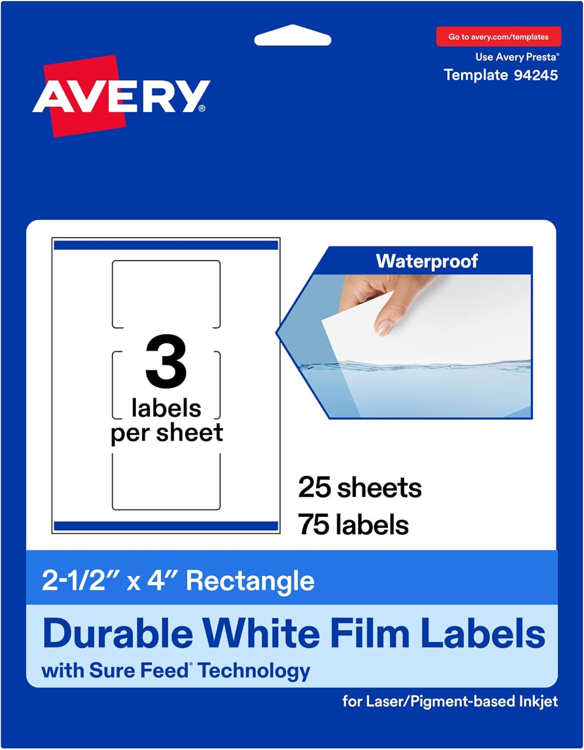 Avery Printable Durable White Rectangle Labels, Sure Feed Technology, 2.5" x 4", Print-to-the-Edge, Waterproof Labels, Laser & Pigment-Based Inkjet Compatible, 75 Total