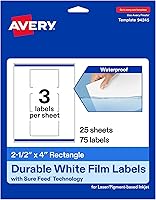 Vista 1 de Avery Etiquetas rectangulares impermeables duraderas, tecnología Sure Feed, 2.5 x 4 pulgadas, 75 en total, etiquetas impermeables resistentes al