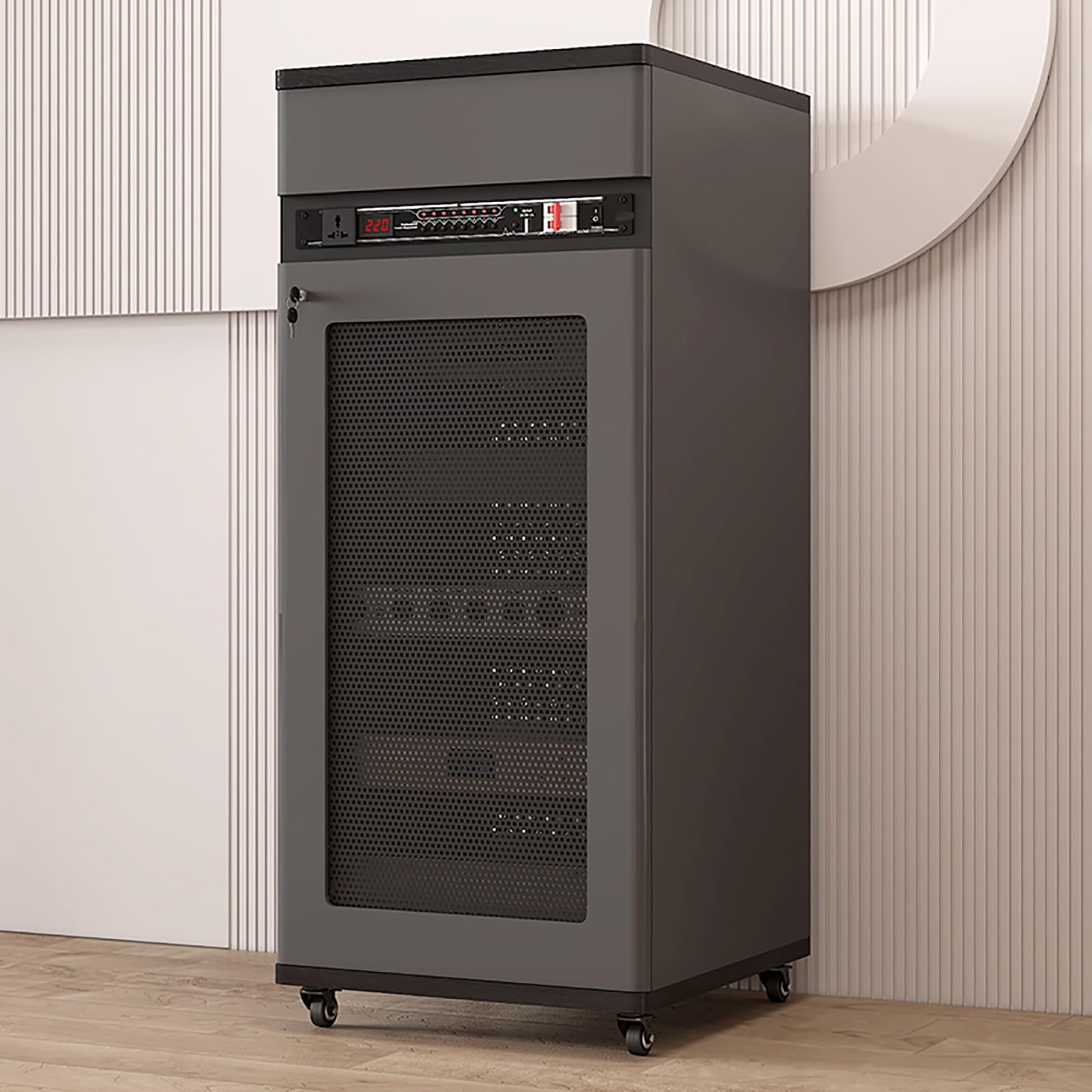 Regulowana wolnostojąca szafka na media HiFi z drzwiami i kółkami, 126 cm, z półkami, na sprzęt AV (szary)