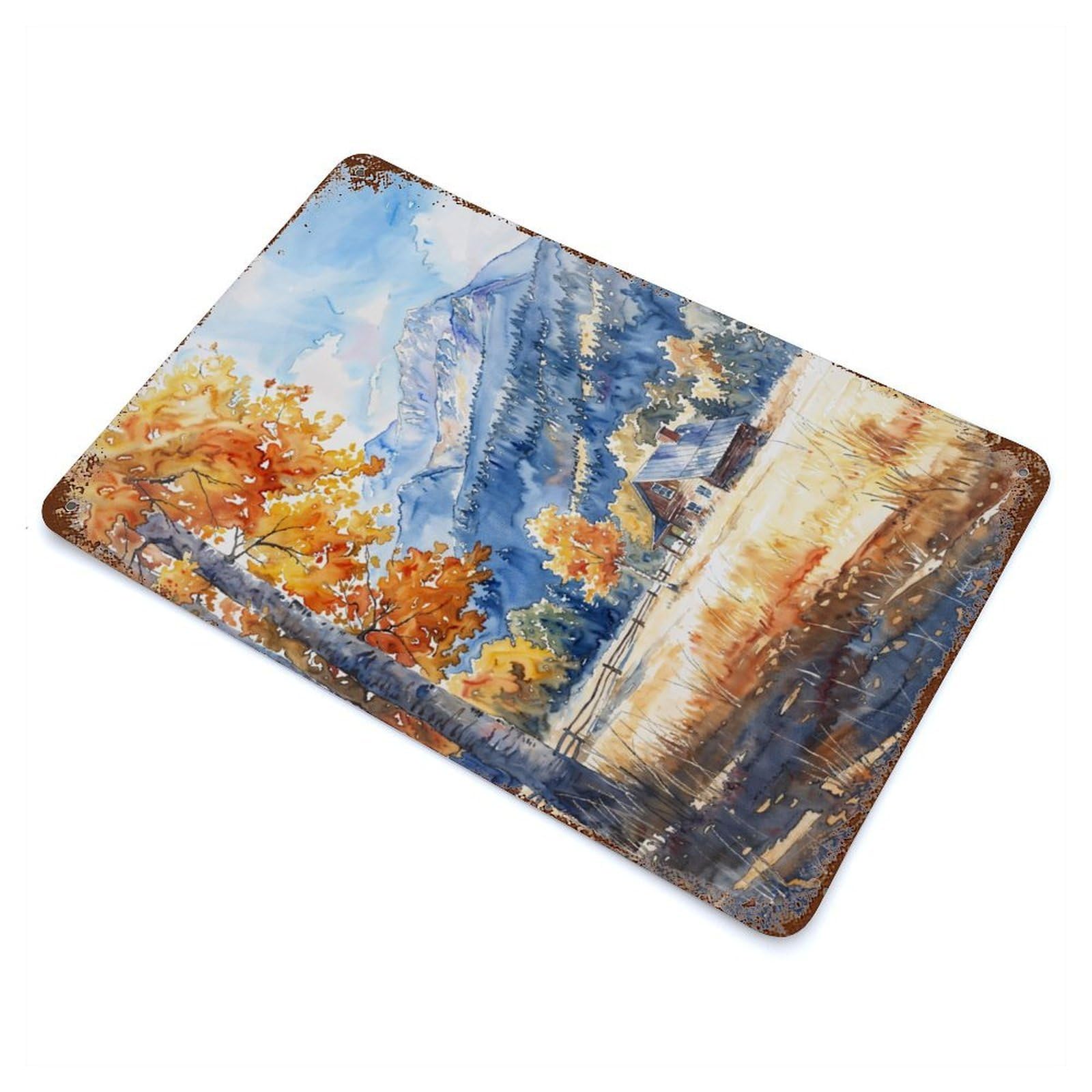 Cabin Mountain Fall 11.8"x7.9" Aged Metal Wall Plaque, Retro Wall Decor for Farmhouse, Kitchen And Entryway Decor