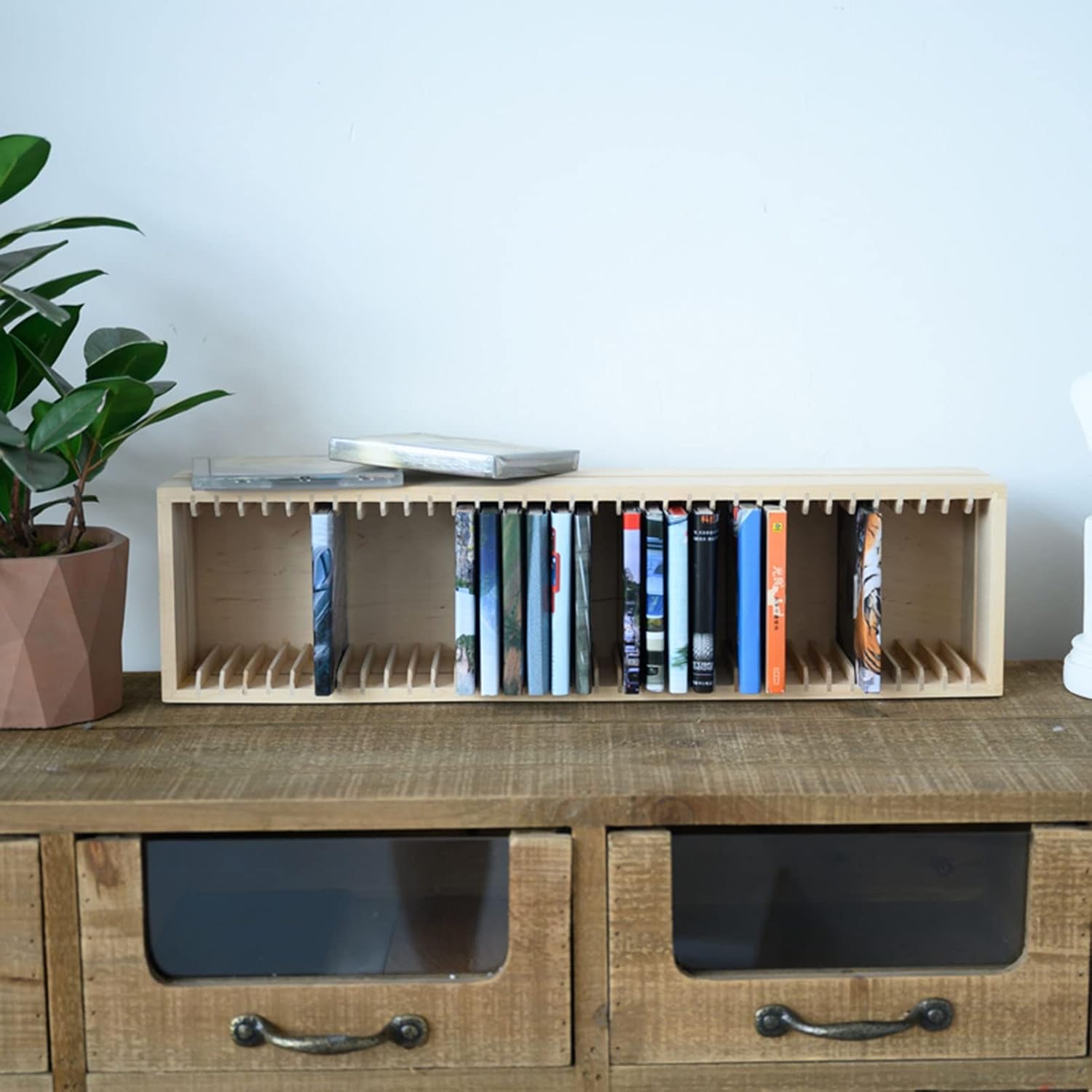 SOBS Natural Pine Wood CD DVD Rack CD Storage Shelf Box DVD Finishing Rack Dish Storage Rack CD Holder DVD Collection Display Shelf - Holds 35 CD Jewel Cases