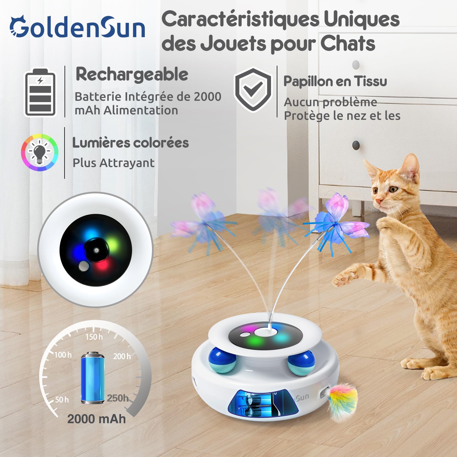 GoldenSun Jouet pour Chat, Jouet Interactif électrique 3 en 1 pour Chats, Whack-A-Mole, Papillon Flottant, Balle Incluse, Jouet pour Chat Rechargeable par USB avec 4 Accessoires