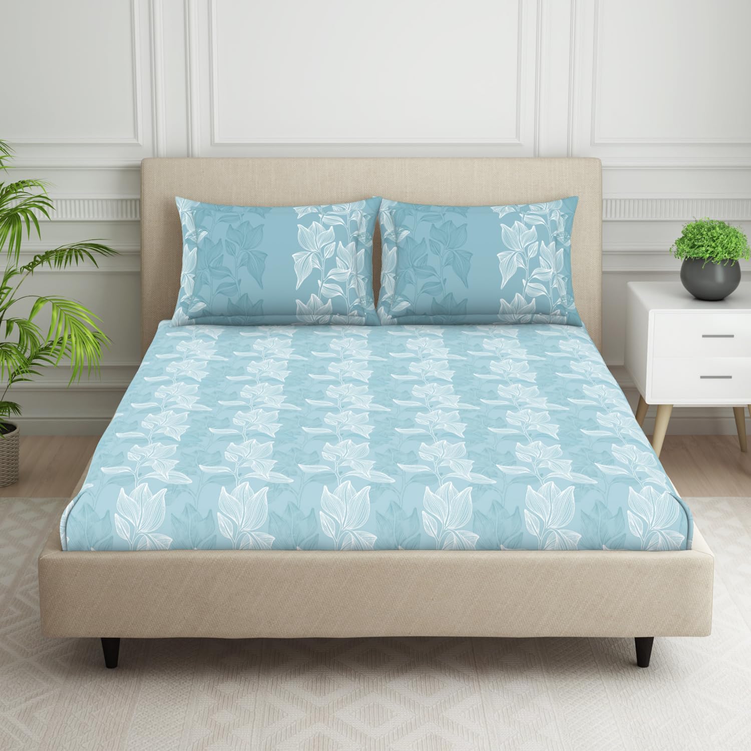 SPACES 100% Cotton Double Fitted Bedsheet with 2 Pillow Covers (Size 60 X 78 Inches) | 144 TC Fitted Sheet for Double Bed | Breathable Pure Cotton Queen Size Bedsheet | SS24 | Floral Light Blue (B0D2HGDKRN) Amazon Price History, Amazon Price Tracker