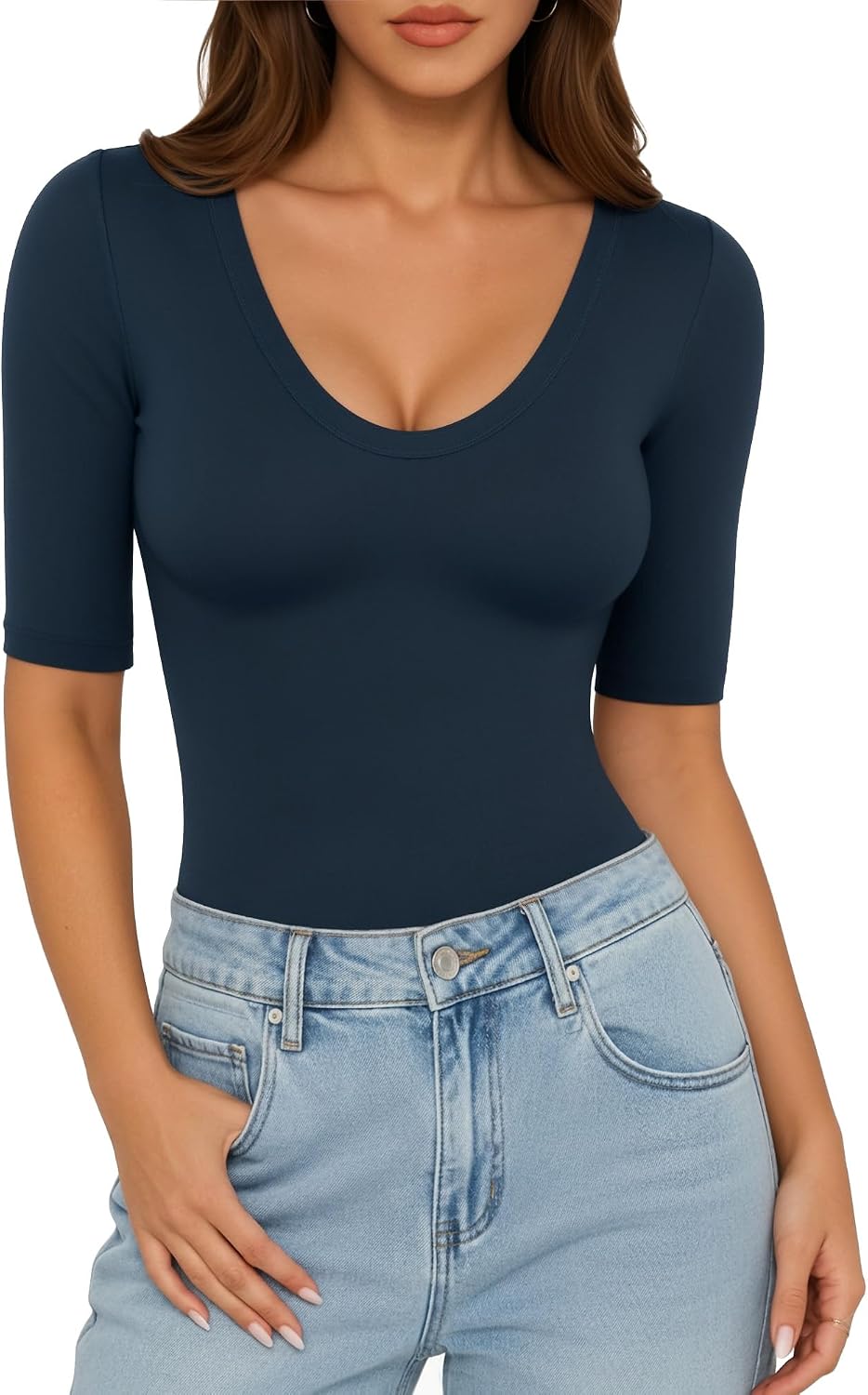 MANGOPOP Women's Half Sleeve Scoop Neck Top Mid Elbow 3/4 Sleeve T Shirts Going Out Casual Trendy 2026