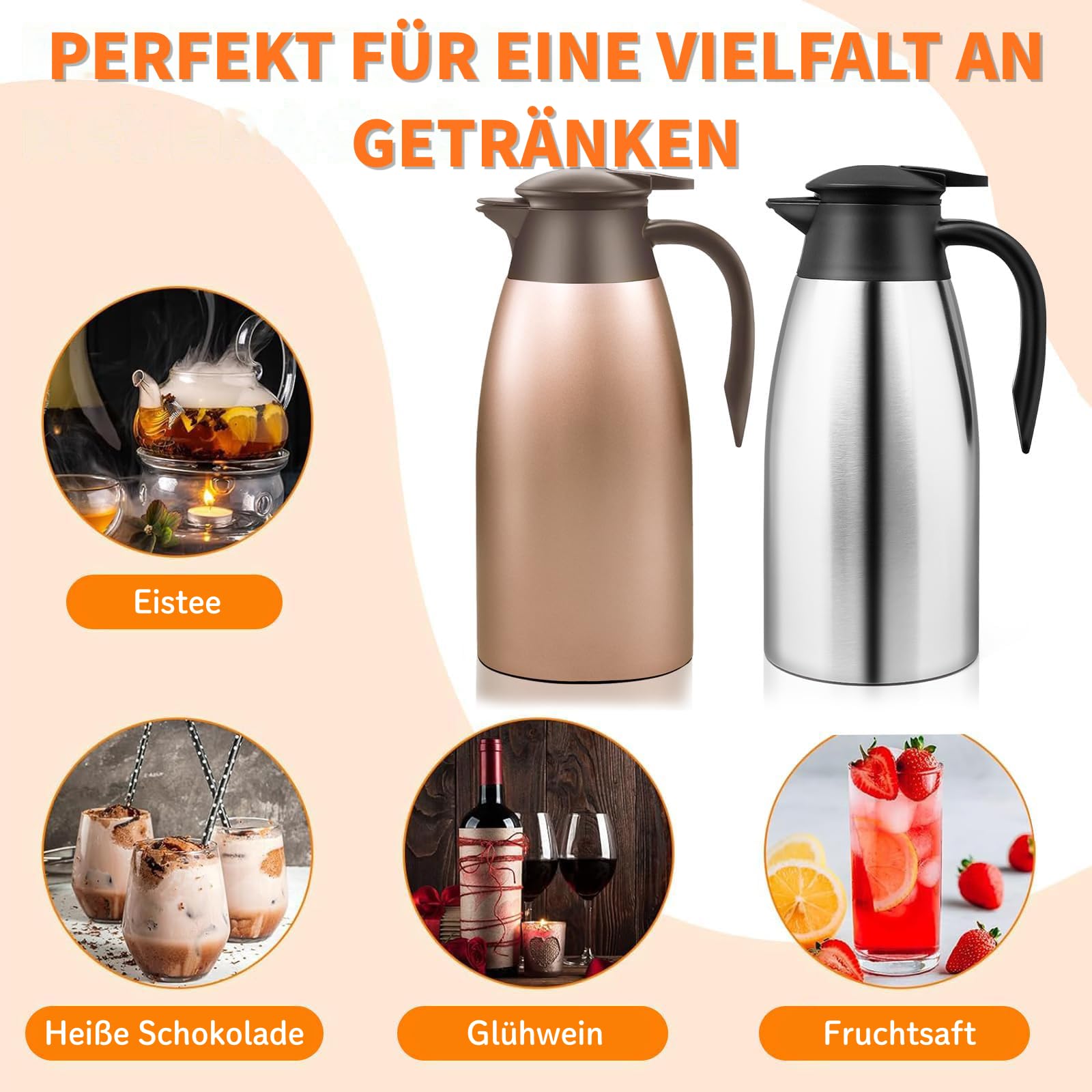 2 Stück Edelstahl Thermoskanne 2L Isolierkanne, Doppelwandige Vakuumkanne mit Griff, Isolierkannen für Heiß- & Kaltgetränke, Teekanne 36 Stunden Wärmedämmung, Kaffeekanne für Kaffee, Tee, Wasser