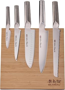 Global Bitoku 6 Piece Ukon Essentials Set - Magnetic Easel, 5 Knives 8 inch Chefs, 9 inch Bread, 7 Inch Santoku, 6 inch Serrated Utility, 3.5 inch Paring, Bamboo