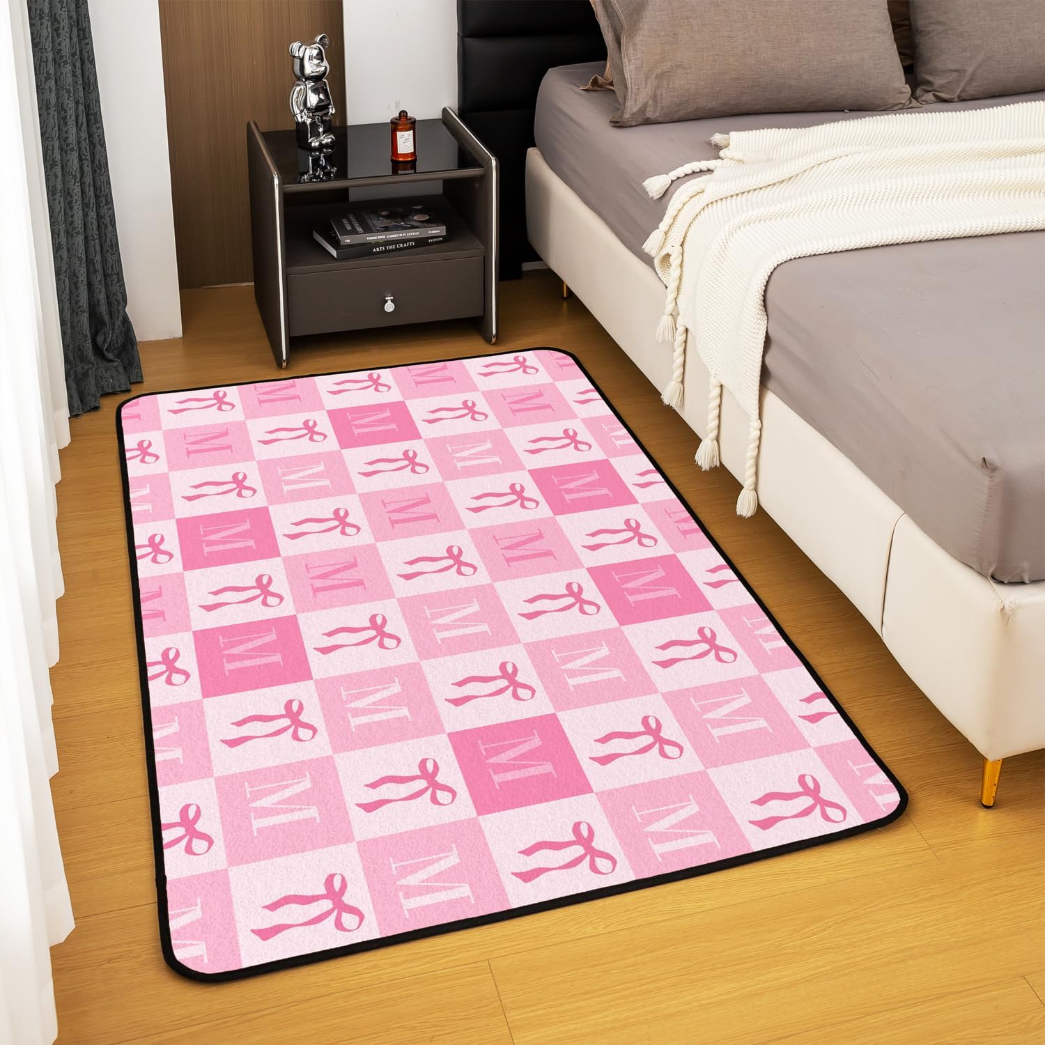 jejeloiu Cute Pink Bow Area Rug 5x7 Polyester Initial Letter M Living Room Rugs for Bedroom Kawaii Bowknot Plaid Decor Carpet Monogrammed Indoor Floor Mat Grid Soft Non-Slip