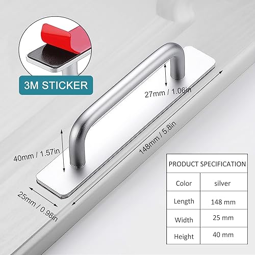 Miniatura 2 de Manijas adhesivas para puerta de gabinete, 2 piezas de aleación de aluminio para manija de puerta de ducha, tiradores autoadherentes sin taladrar