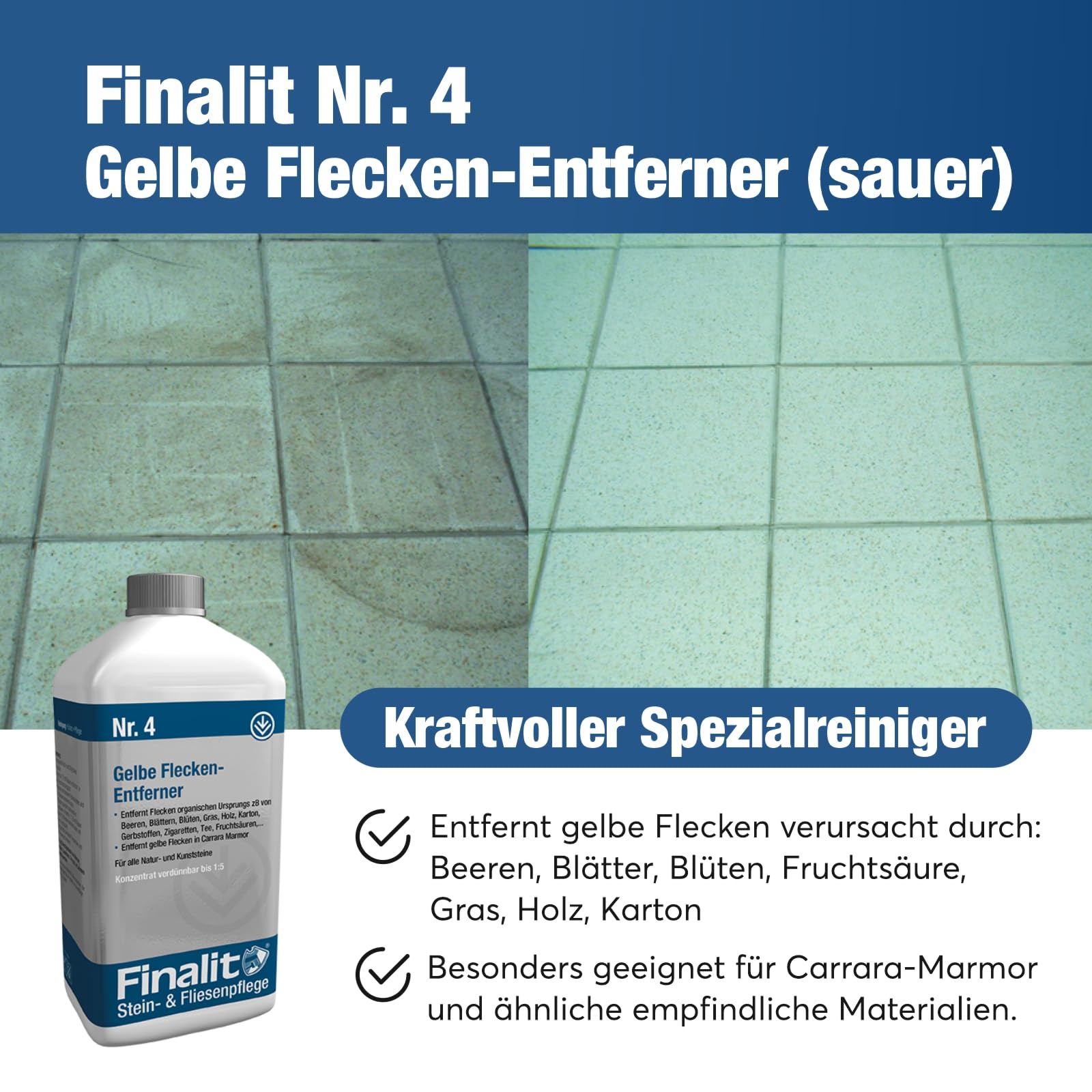 Finalit Nr. 4 Gelbe Flecken Entferner (sauer) | 1x 1L | Effektive Beseitigung von Flecken von Holz, Blätter, Gras, Beeren, Karton uvm. | Für alle Natur- und Kunststeine geeignet