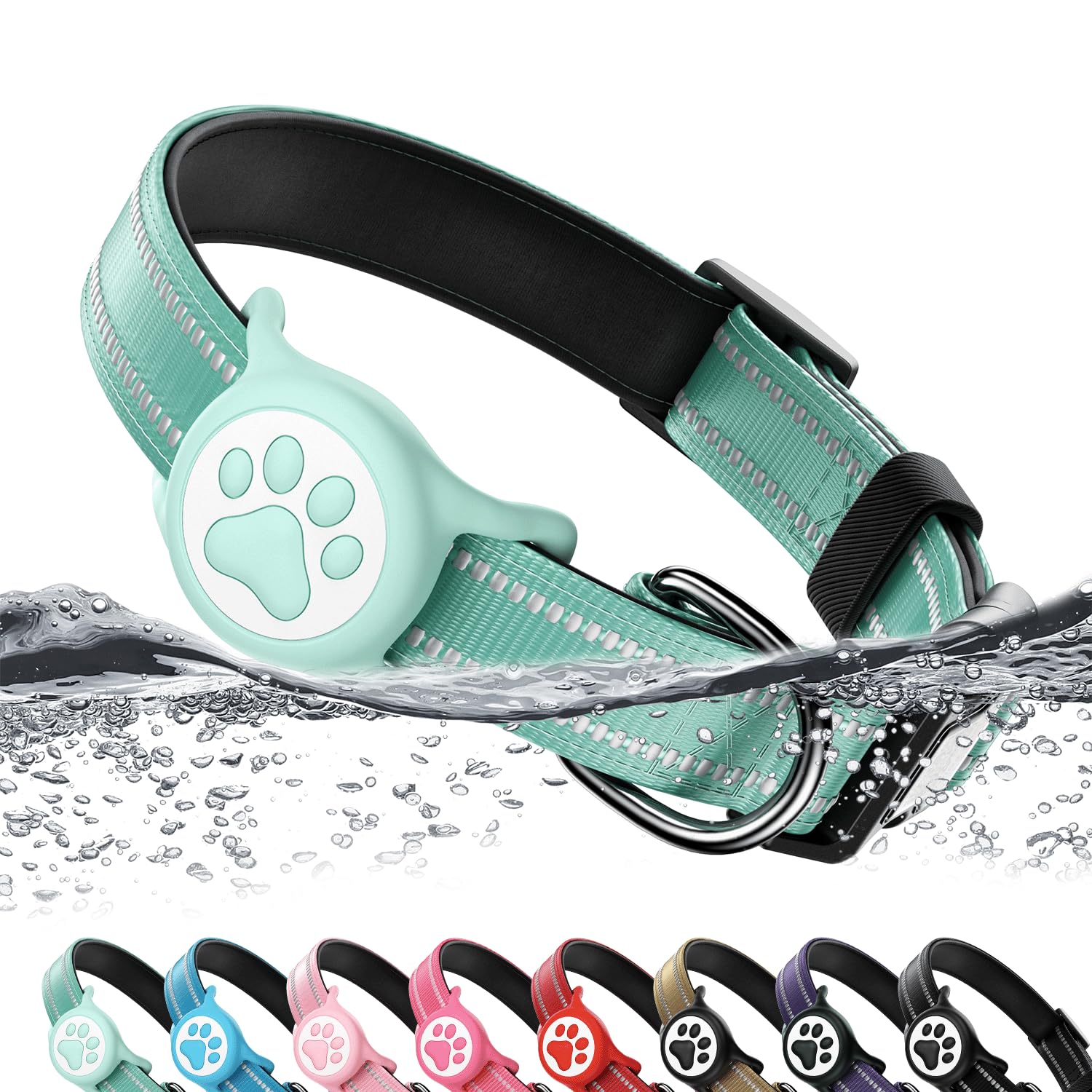 Apple Tag Holder Dog Collar, Reflective Ultra-Durable Nylon Padded with QR Code Buckle & IP68 Waterproof Tag Holder Compatible for Apple Tag, Comfortable for Small Medium Large Dogs(Green,M)