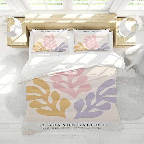 3 piezas Funda nórdica Amarillo Rosa Púrpura Hojas abstractas Funda de edredón con cierre de cremallera y lazos de esquina Matisse Juego de ropa de
