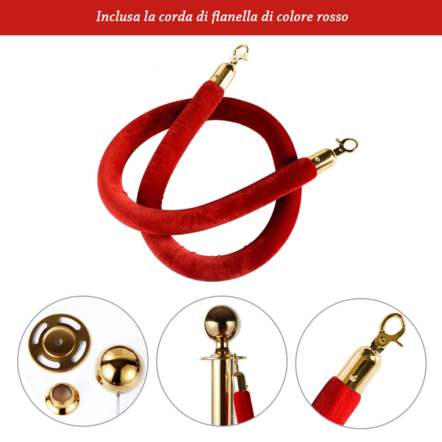 Outsunny Transenne Elimina Separacode Paletti di Delimitazione con Corde Rosso Acciaio Inox Ф32 x 95CM Oro