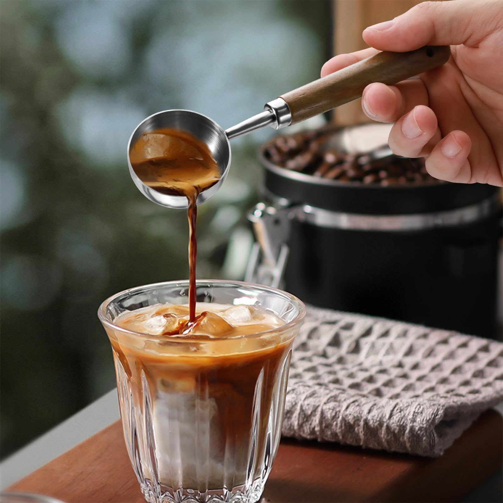2 cucharadas de café para café molido, 1 cucharada (15 ml) y 2 cucharadas (30 ml), cuchara medidora de café de acero inoxidable 304 con mango largo de madera de nogal, color plateado