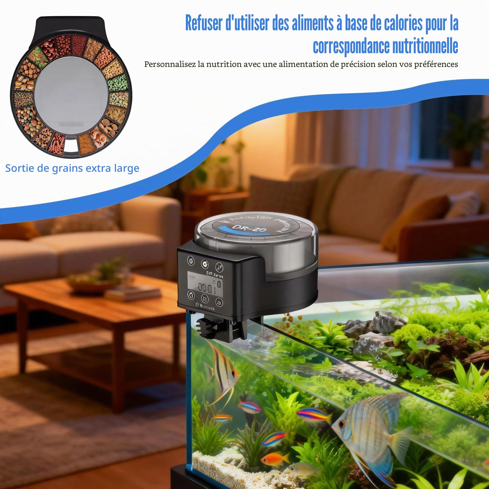 Distributeur Automatique de Nourriture pour Aquarium, Distributeur Automatique de Nourriture pour Poisson avec minuteur 140ML, 6 Modes, Distributeur Automatique Nourriture pour Aquarium avec câble