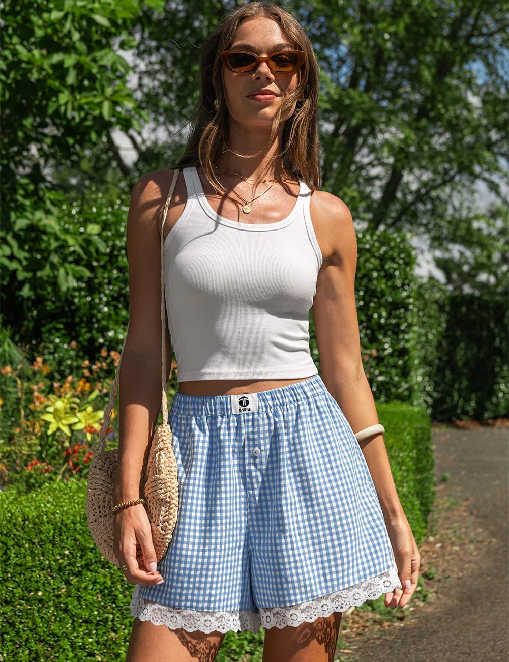 TARSE Gingham Shorts for Women Boxer Lace Trim Sleep Pajama Lounge Shorts Summer Casual Home Wear Bottoms - Image 2
