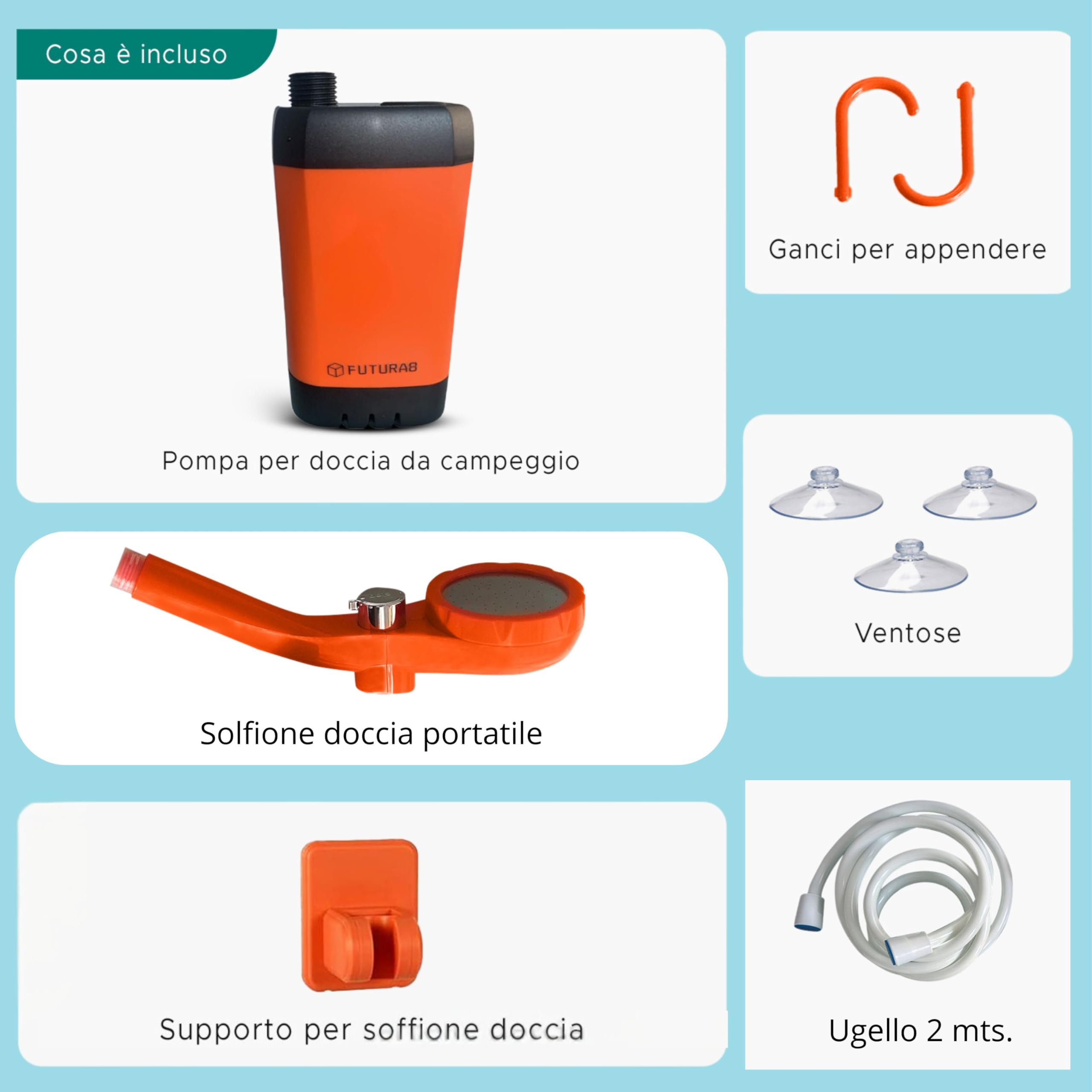 Doccia Portatile Ricaricabile, Doccia da Campeggio, Doccia Esterna per Camper Van Auto e Giardino, Pompa a Batteria 6000 mAh, Tubo 2 m, 3 modalità di Pressione, Display Digitale Temperatura