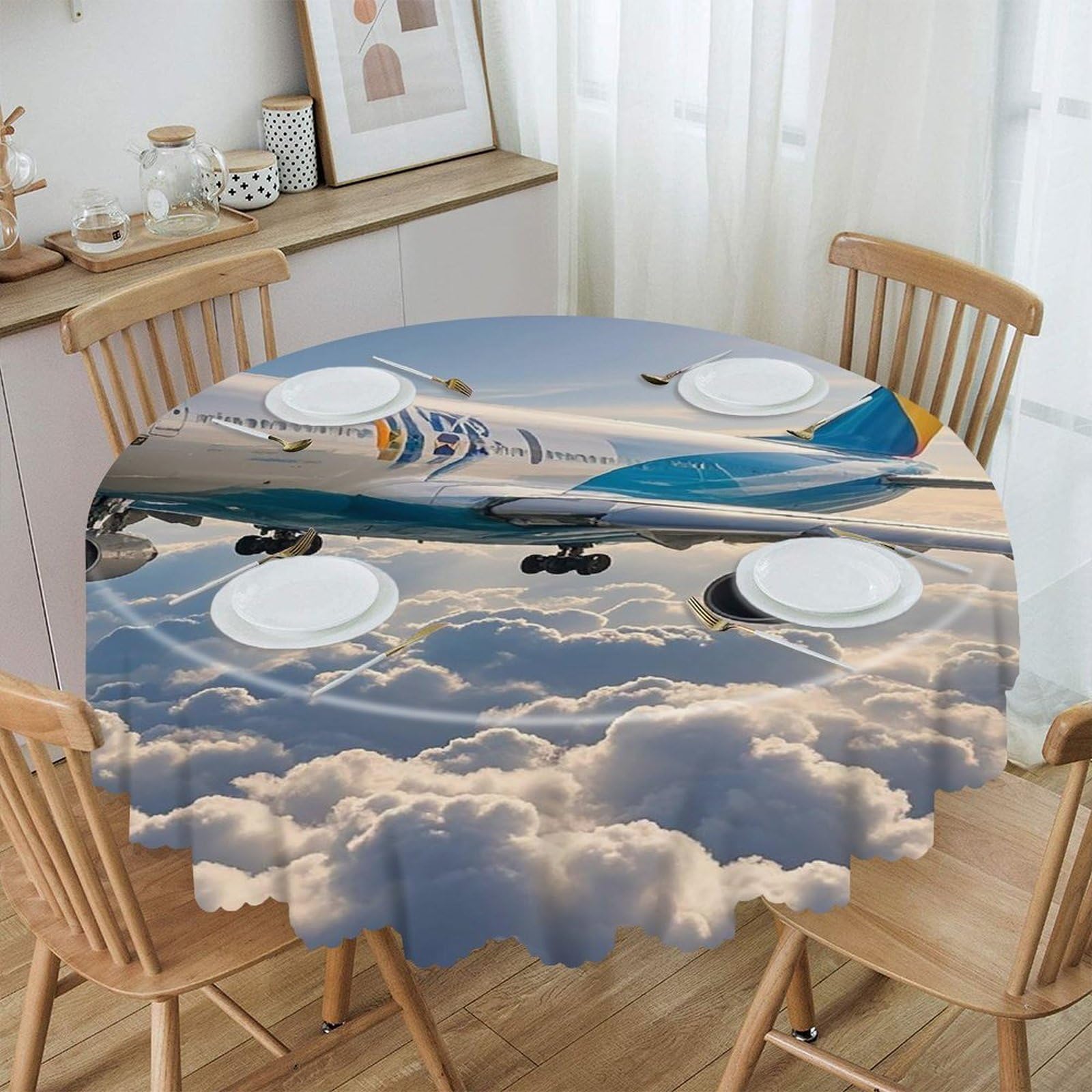 FekiLoot 60 Inch Round Airplane Tablecloth Waterproof Heavy Duty Polyester Table Cloth Spill-Proof Wipeable Table Cover Decorative Circle Dining Tablecover for Party Outdoor