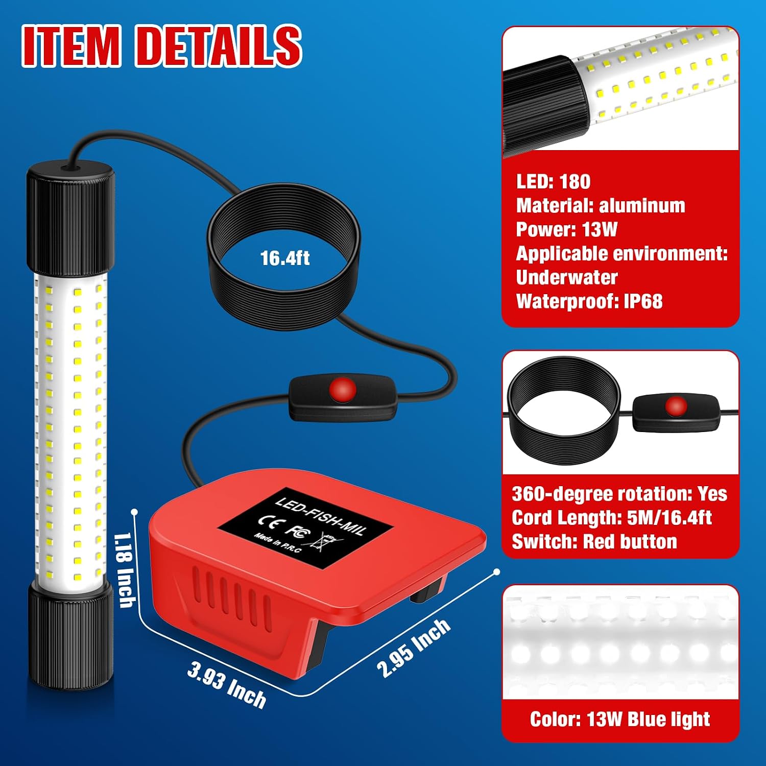 Underwater Fishing Light Compatible with Milwaukee M18 Battery 1300 Lumens IP68 Waterproof Submersible LED Fish Attractant Light for Night Fishing Dock Boat Kayak (Battery Not Included)