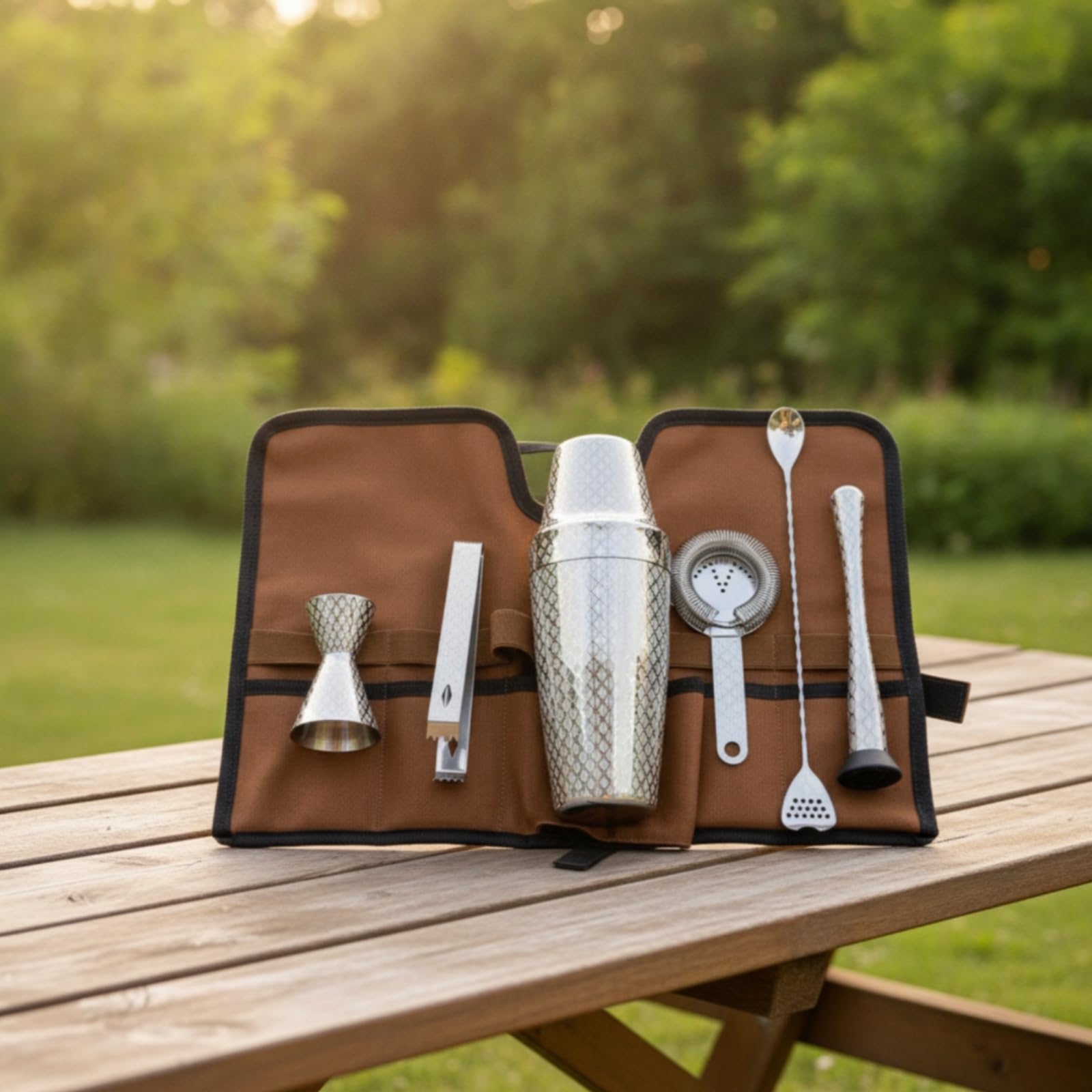 7 Pezzi Kit da Bar con Borsa Professionale Kit da Cocktail con Borsa Completo Shaker Accessori per Barman, Casa, Set Da 7 Pezzi Boston Con Motivo A Rombi Inciso, Senza Base