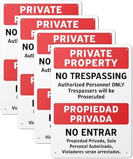 Private Property No Trespassing Sign - 10" x 14" Reflective Rustproof Aluminum, Bilingual Weatherproof Outdoor Security Sign for Fence, Gate or Wall (4 pack)