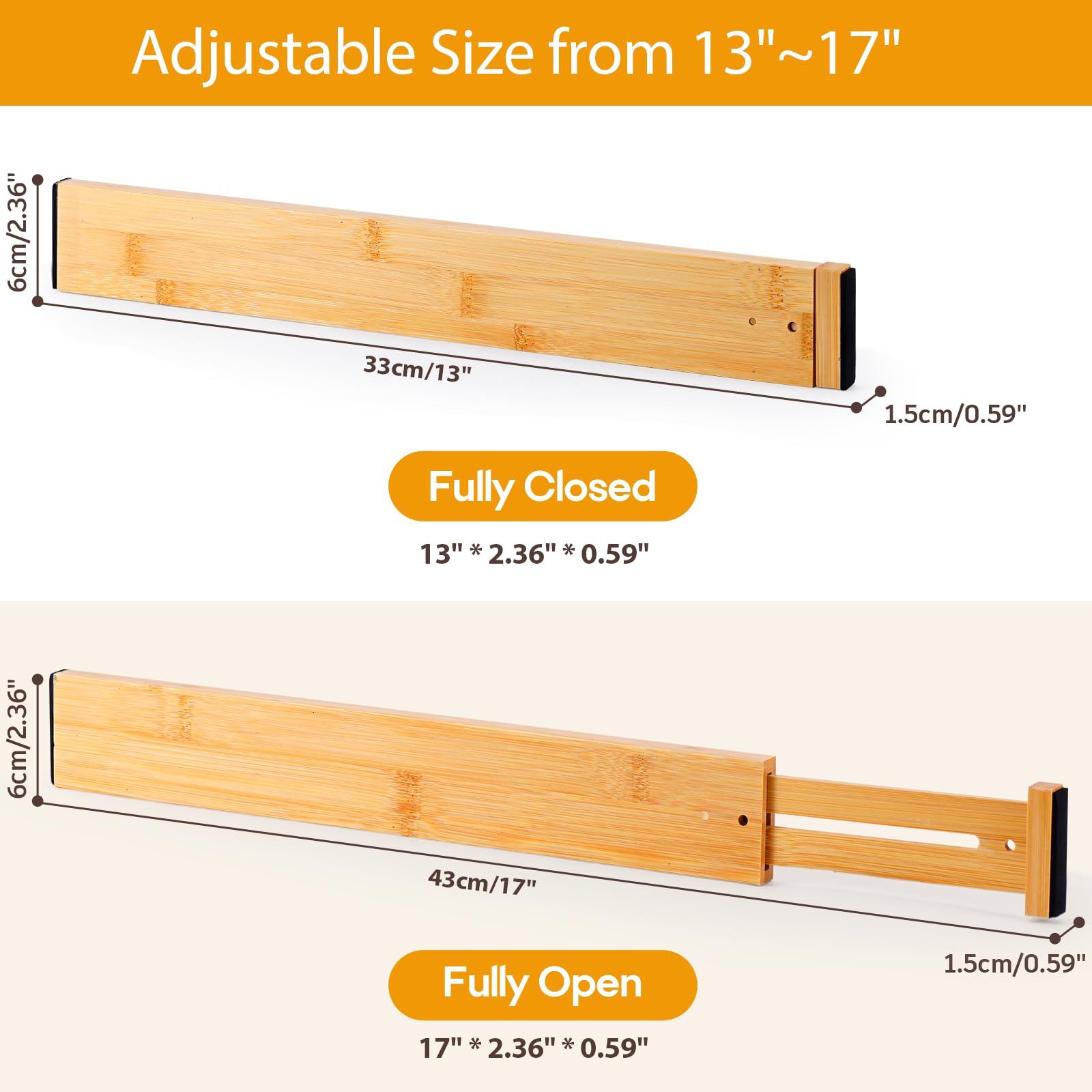 FUICRAST Bamboo Drawer Dividers Organizers, Kitchen Drawer Dividers for Clothes, Adjustable Drawers Separators for Dresser, Bedroom, Bathroom, Office, 4 Pack, 13“-17”