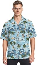 Men Short Sleeve Shirts Tropical Waves Palm Trees Seagulls Button Down Shirt - Lightweight & Breath Hawaiian Shirt
