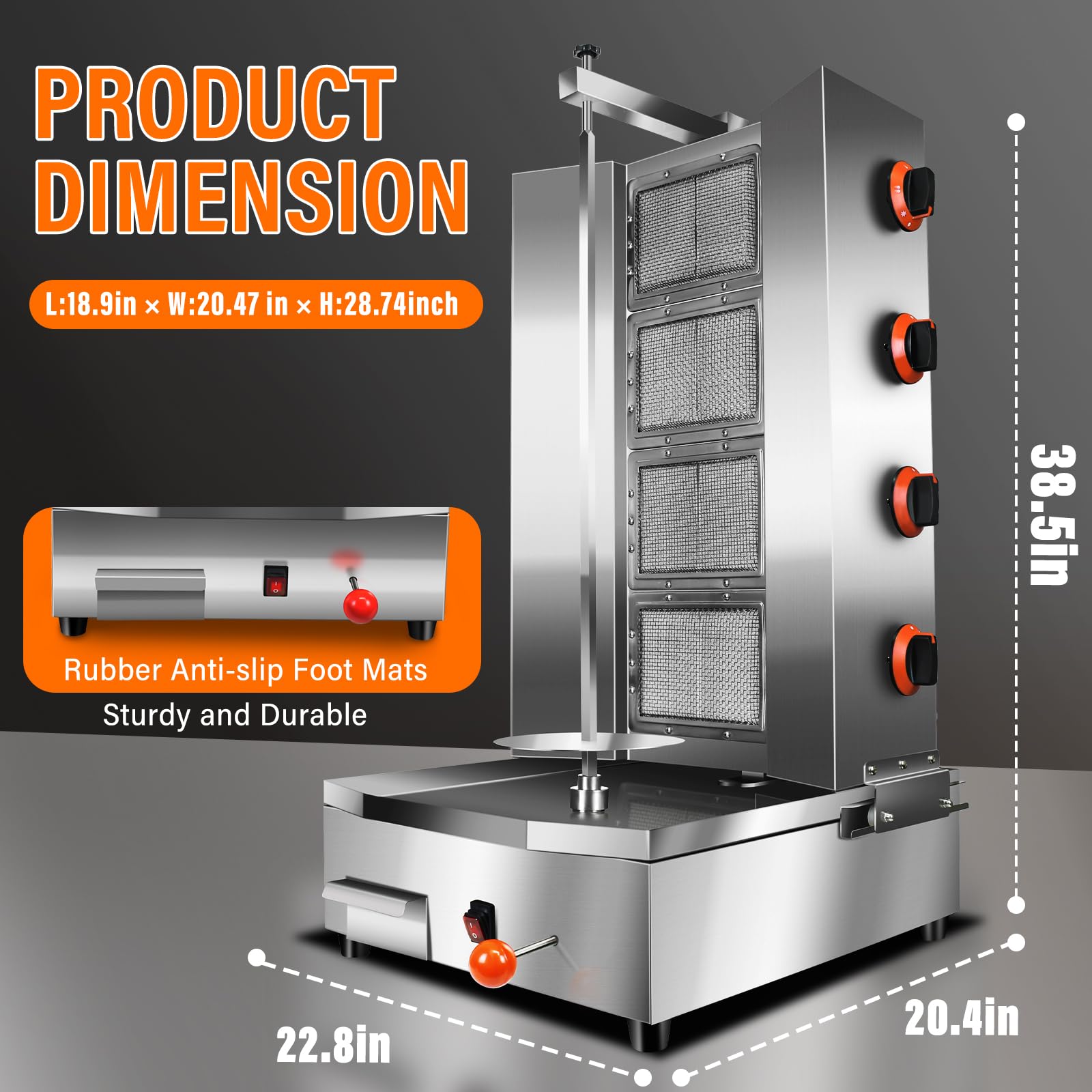BNDHKR 4 Burners Shawarma Machine Commercial Large Shawarma Grill Machine Rotisserie Kebab Gas Vertical Rotisserie Propane Turkish Chicken Doner Kebab Broiler for Restaurant Kitchen