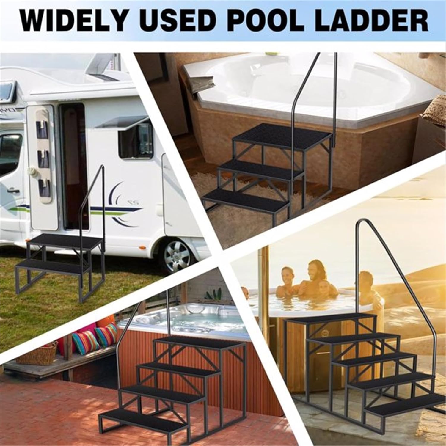 3 Steps 2 Handrails Above Ground Pool Ladder, Heavy Duty Hot Tub Steps, Metal Steps, Step Stool with Handrails, House Stairs, RV Stairs, 660 Lbs Weight Capacity, Black