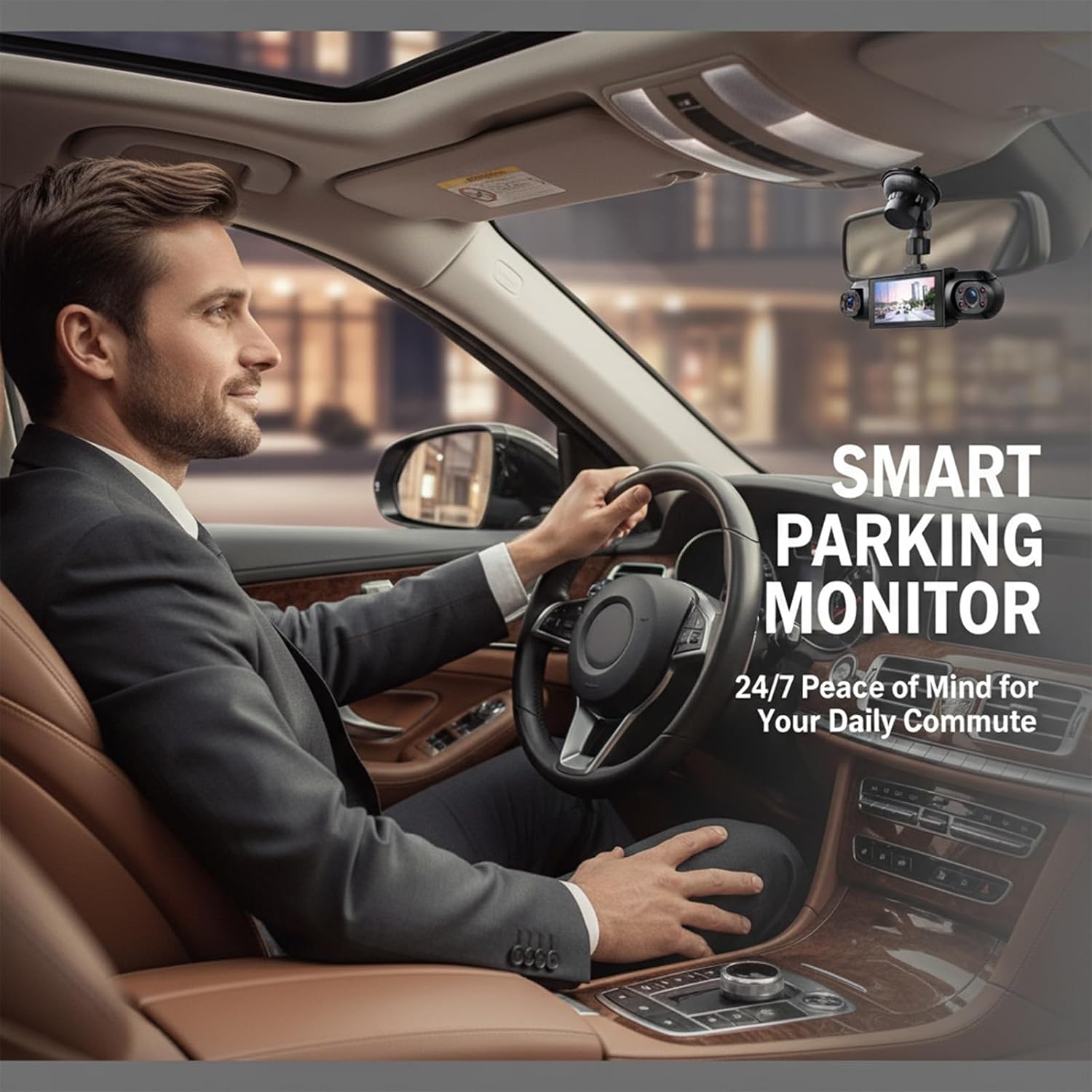 Dashcam installed in a car with 'Smart Parking Monitor' text