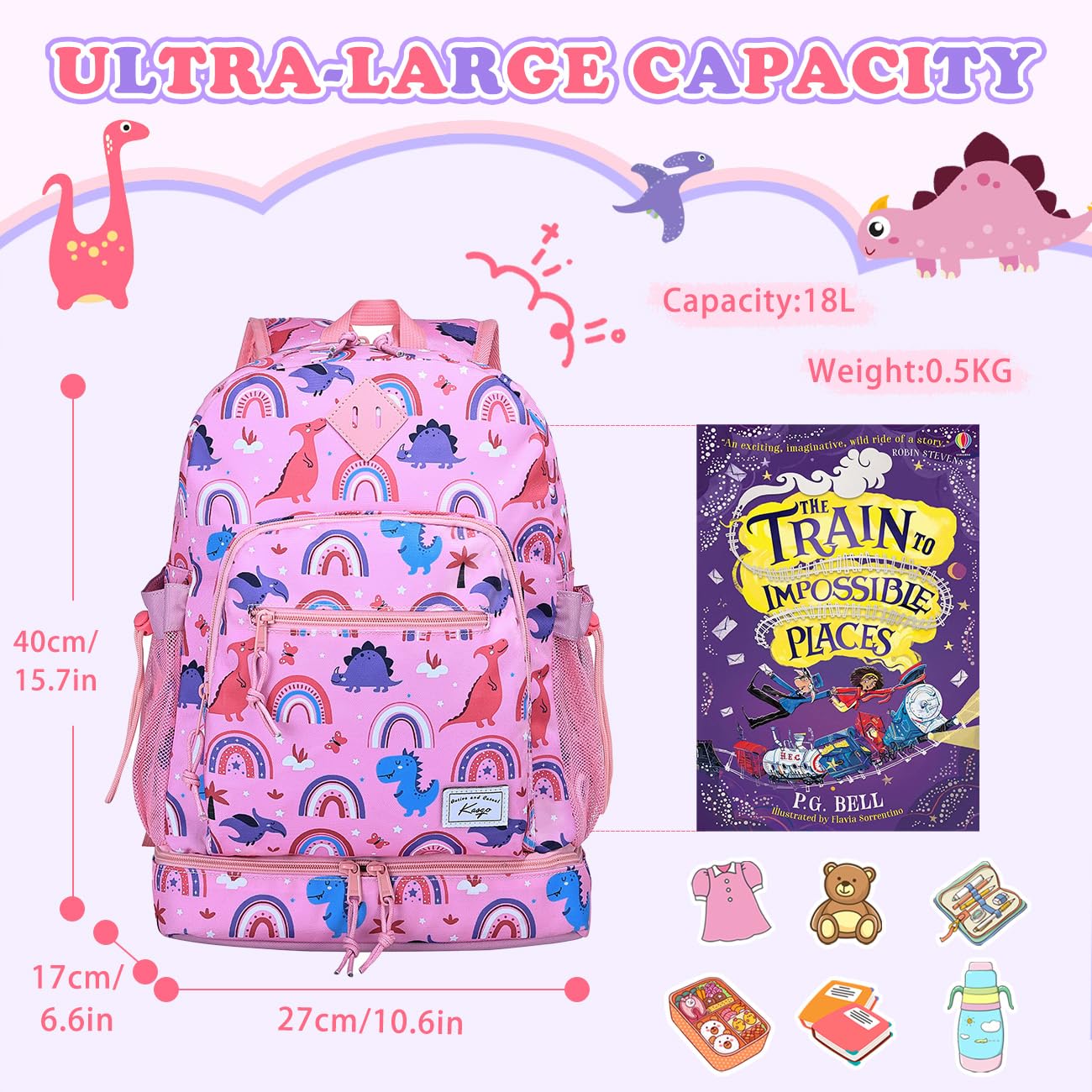 Kasqo Kids Backpack Lunch Bag Set,2-in-1 Insulated Lunch Backpack for Toddler Boys Girls Bookbag Schoolbag for Preschool Elementary Kindergarten,Pink Dinosaur