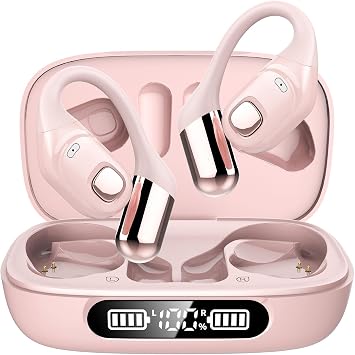 Open Ear Earbuds, Bluetooth 5.3 Wireless Air Conduction Headphones with Mic, LED Display Charging Case&Fast Charging, Ultra-Light Weight, 80H Playtime Earbuds for Work, Sports Pink