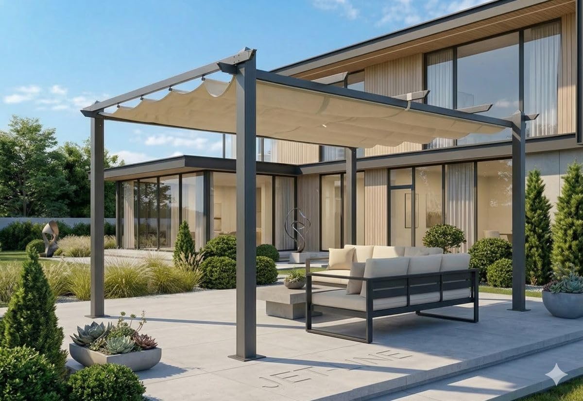Jet-line Alu Pavillon Outdoor Luxor 4 x 3 m Pergola Überdachung Markise Garten Anthrazit-Beige Sonnenschutz UV Schutz Freisitz Stützen 10x10 cm Aluminium Polyester