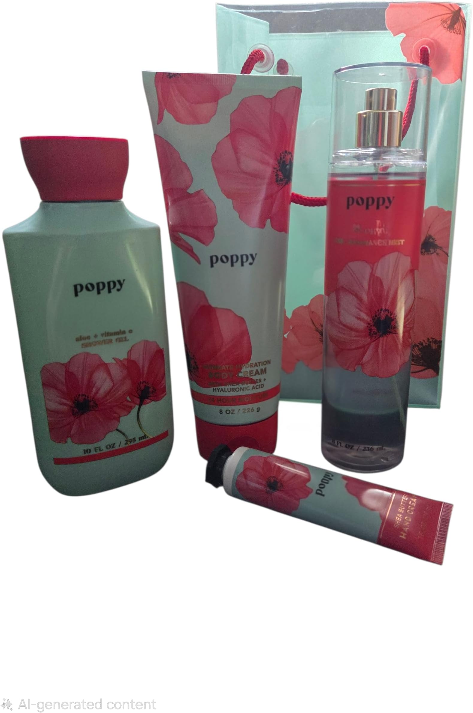 Poppy Bath and Body Gift Set, 4-Piece Collection with Lotion, Body Cream, Fragrance Mist, Hand Cream