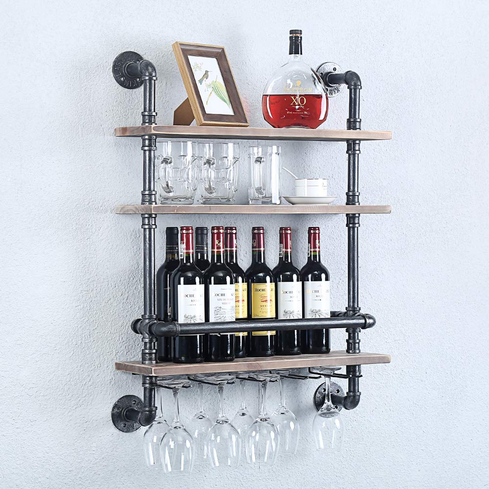 Buy Industrial Pipe Shelf Wine Rack Wall ed with 5 Stem Glass Holder,3