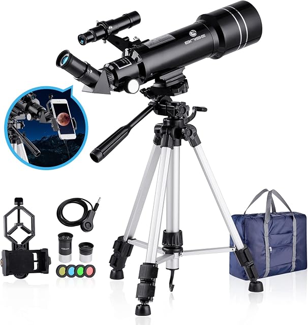 BNISE 70mm Portable Refractor Telescope, Telescopes for Kids for Astronomy for Adults Beginners, Fully Coated Glass Optics, with Adjustable Tripod Smartphone Adapter Moon Filter and Carry Bag